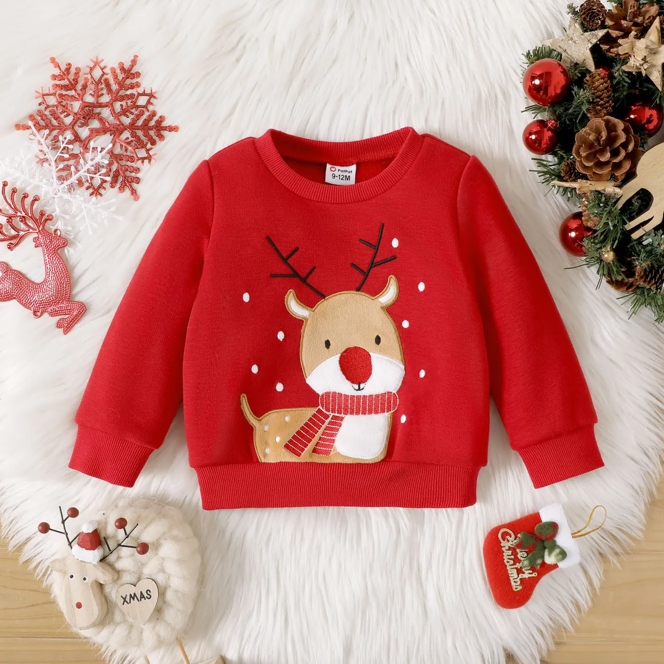 Christmas Baby Girl Deer Embroidered Thermal Lined Sweatshirt Red-2 big image 1