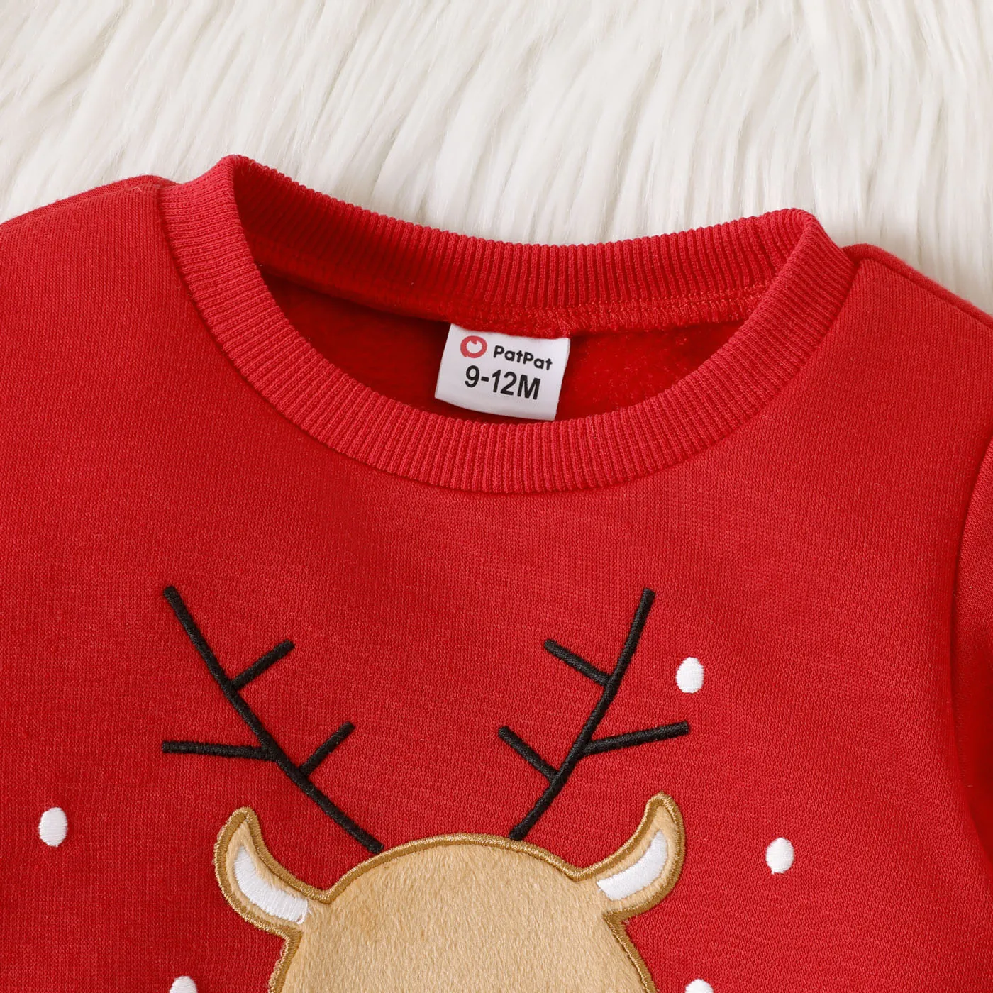 Christmas Baby Girl Deer Embroidered Thermal Lined Sweatshirt Red-2 image 3