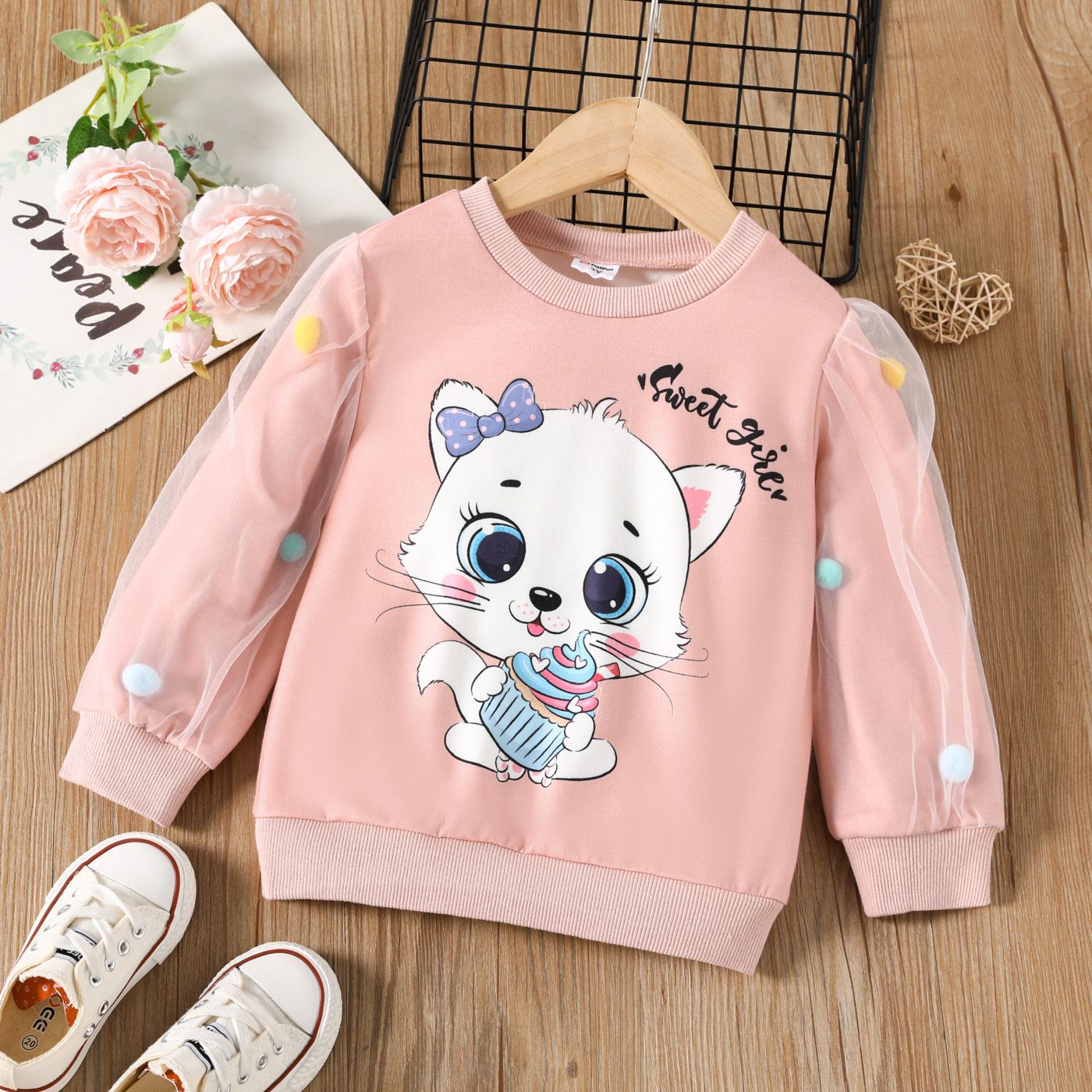 

Toddler Girl Cute Kitty Print Mesh Pompom Design Sweatshirt