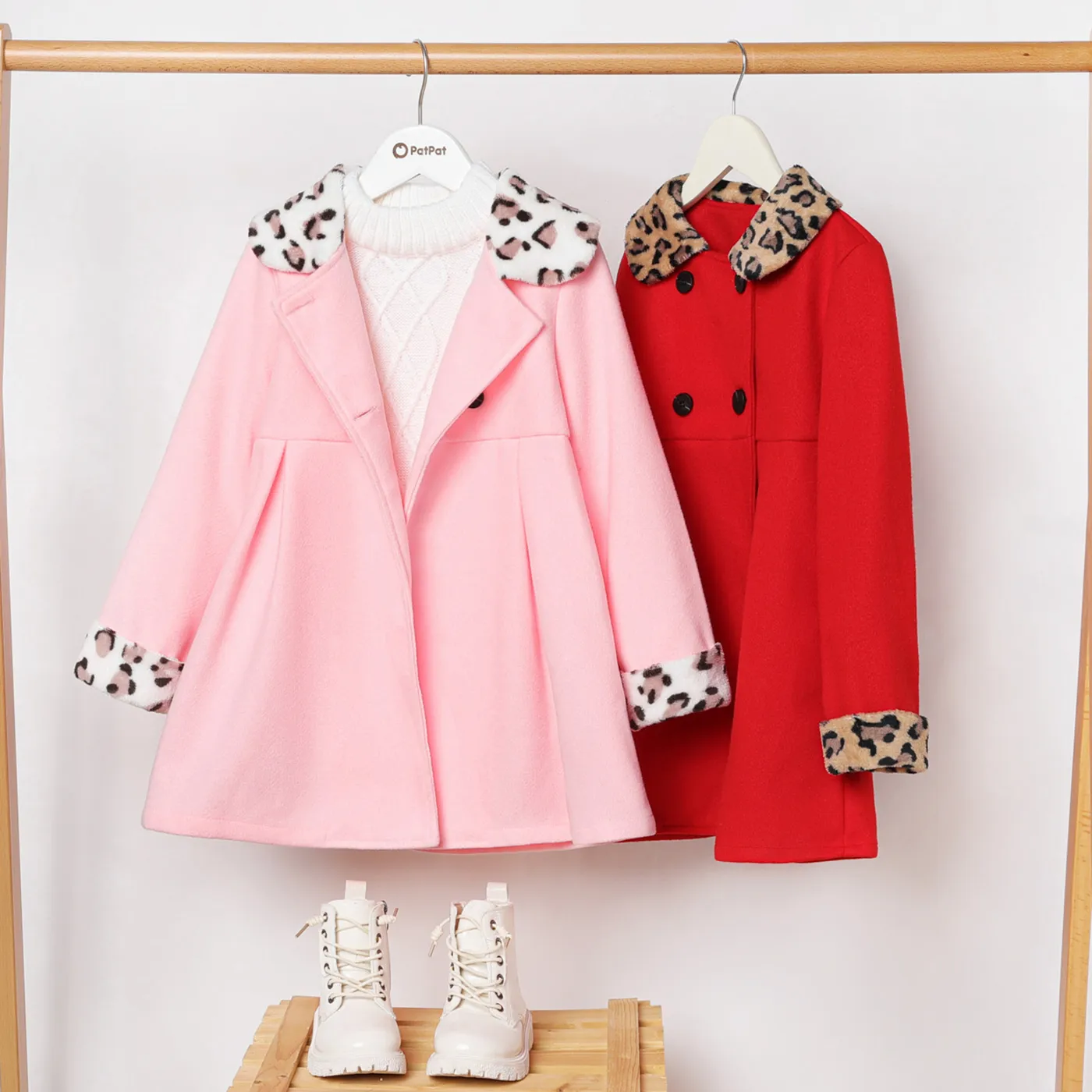 Kid Girl Leopard Print Splice Double Breasted Coat