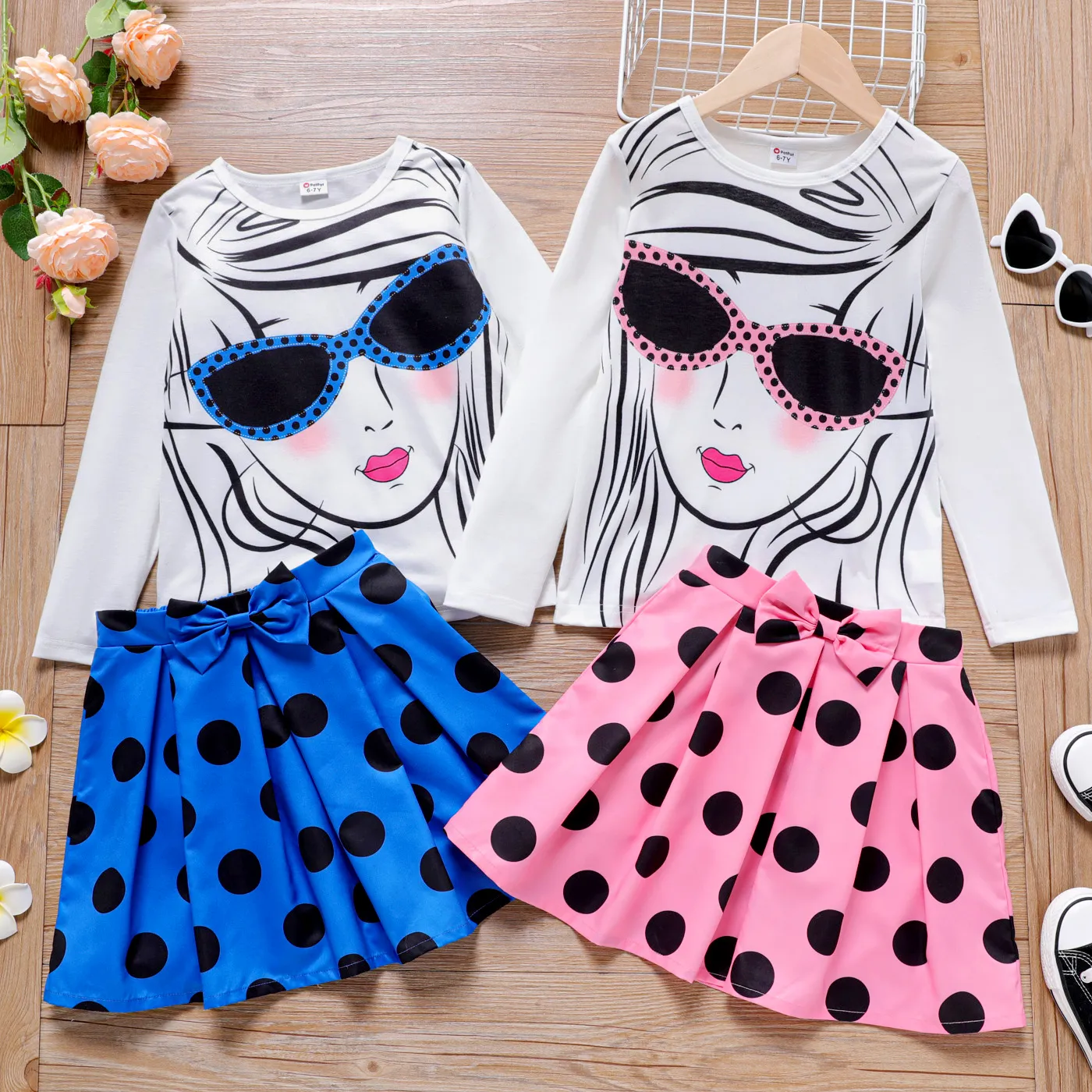 2pcs Kid Girl Character Print Long-sleeve Tee and Bowknot Design Polka dots Skirt Set  image 6