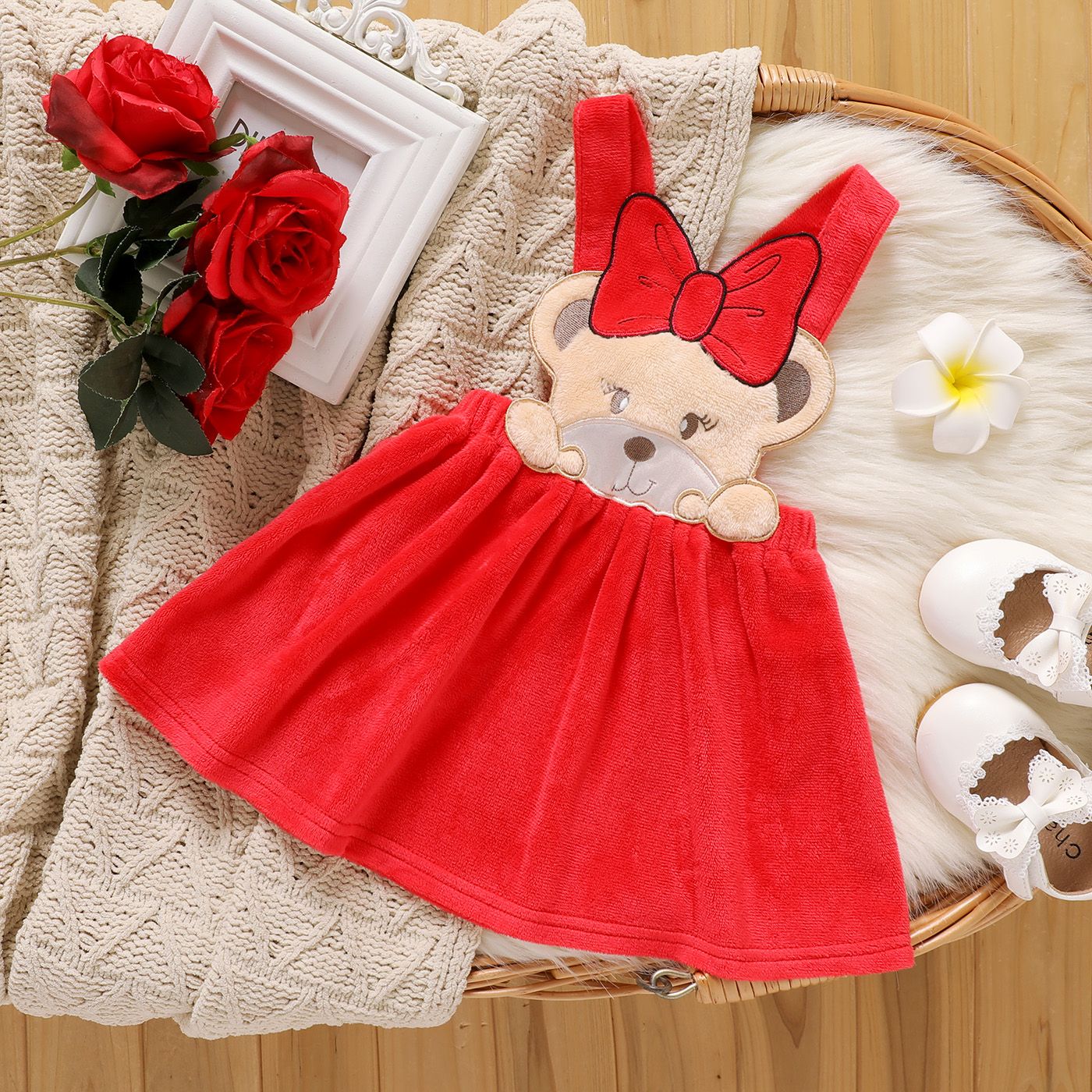

Baby Girl Bear Embroidered Red Fleece Overall Dress