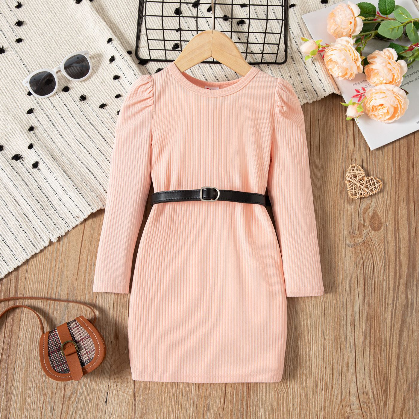 Toddler Girl Ribbed Long Puff-sleeve Pink Dress (Belt is not included)