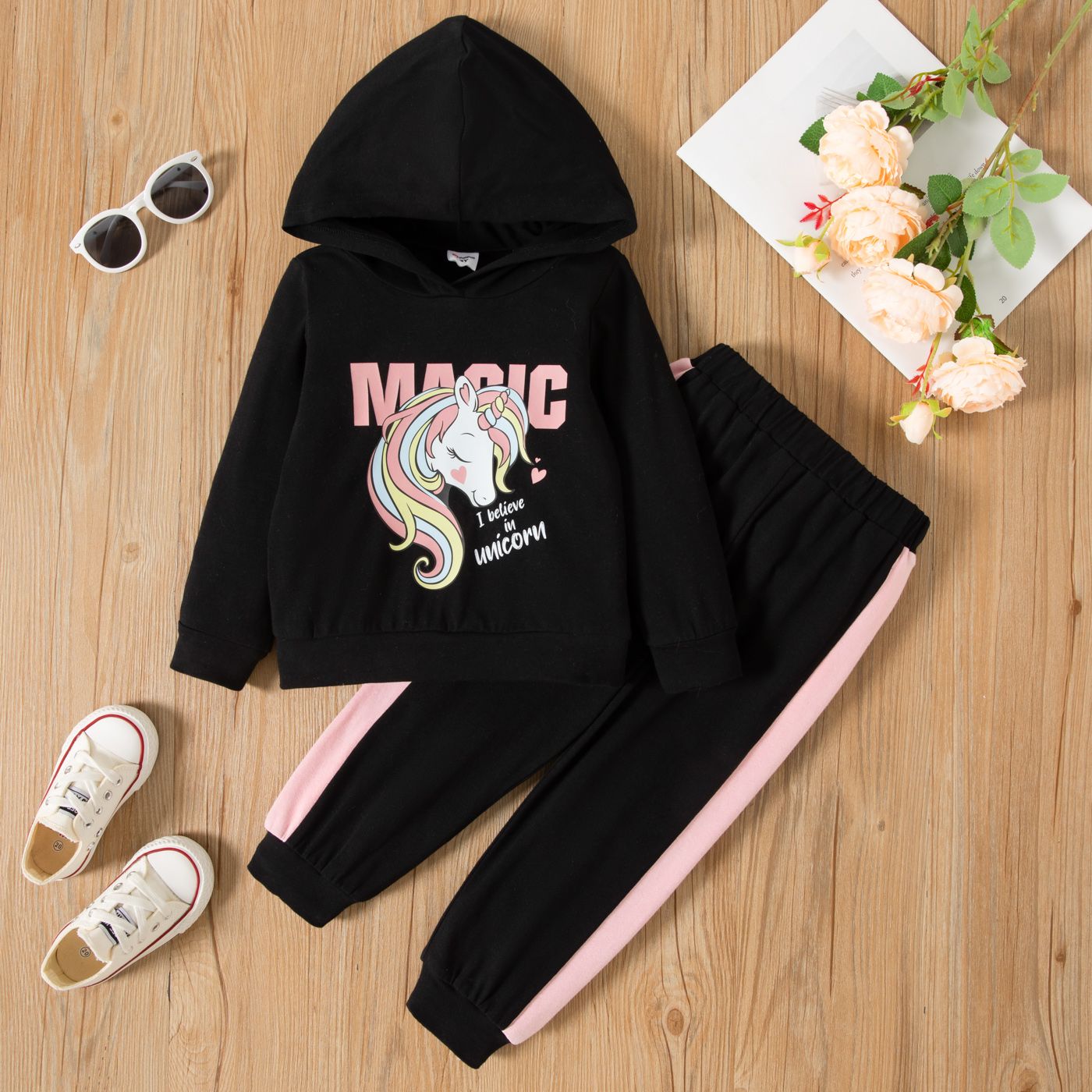 

2pcs Toddler Girl Unicorn Print Black Cotton Hoodie Sweatshirt and Colorblock Pants Set