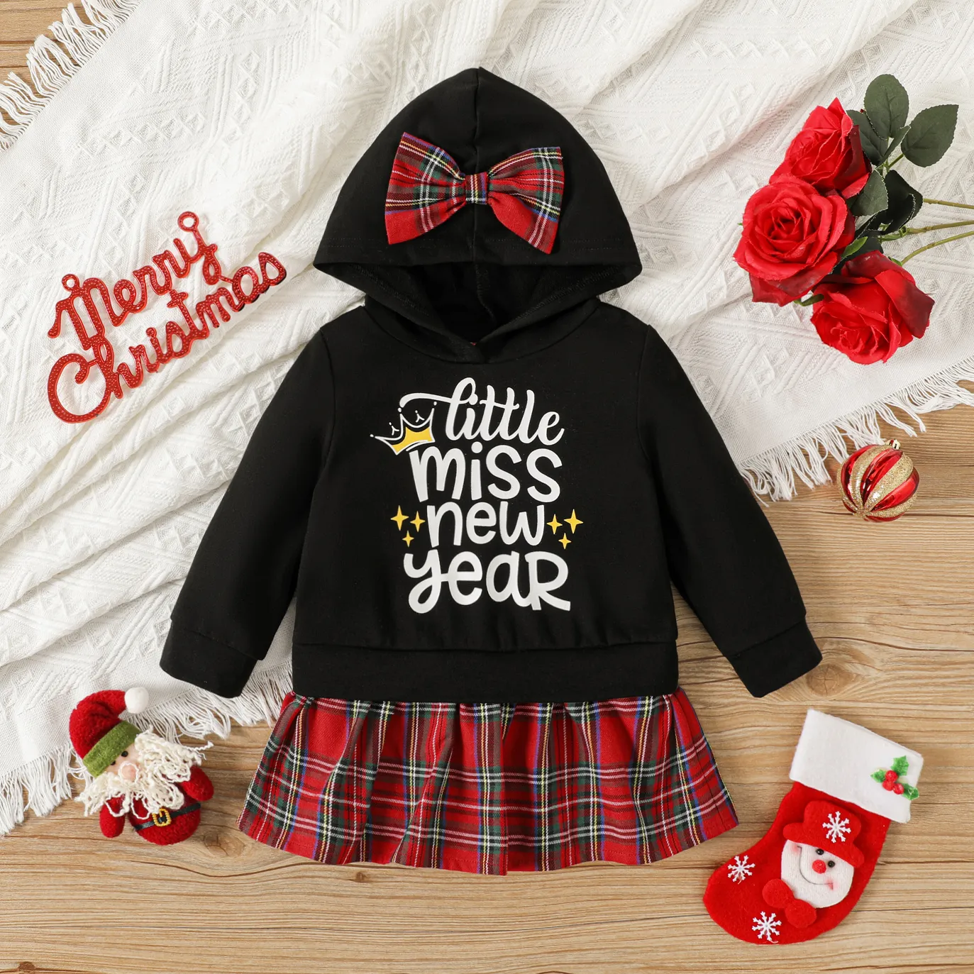 

New Year Baby Girl Letter Print Red Plaid Hem Spliced Black Long-sleeve Hoodie Dress