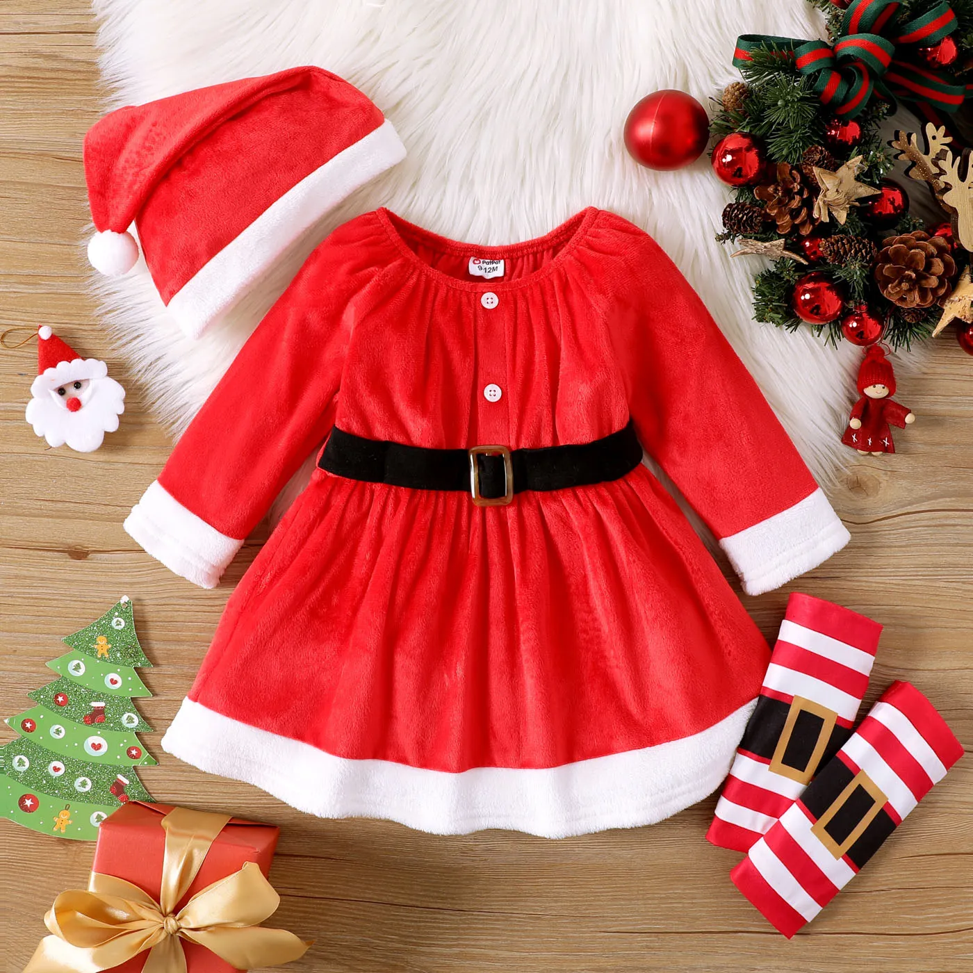 Christmas 3pcs Baby Girl Red Fleece Long-sleeve Dress with Xmas Hat & Calf Sleeves Set  big image 1