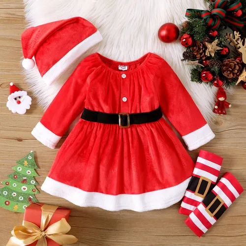 Christmas 3pcs Baby Girl Red Fleece Long-sleeve Dress with Xmas Hat & Calf Sleeves Set
