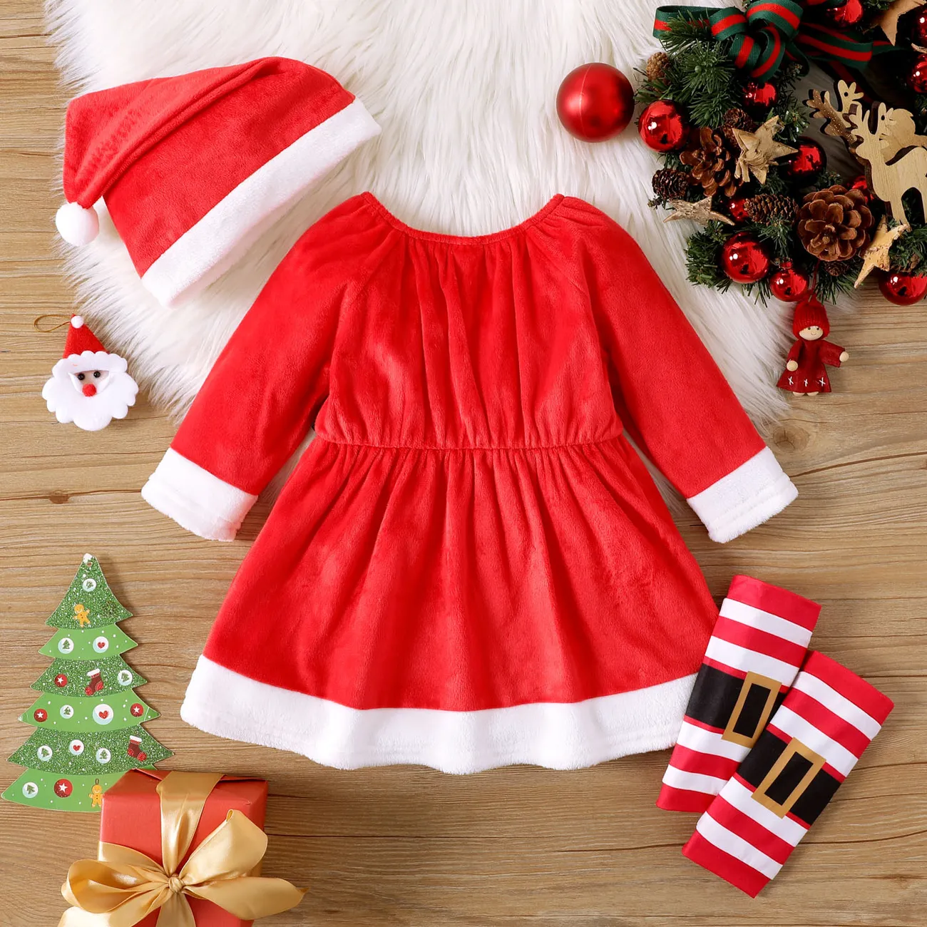 Christmas 3pcs Baby Girl Red Fleece Long-sleeve Dress with Xmas Hat & Calf Sleeves Set REDWHITE big image 1