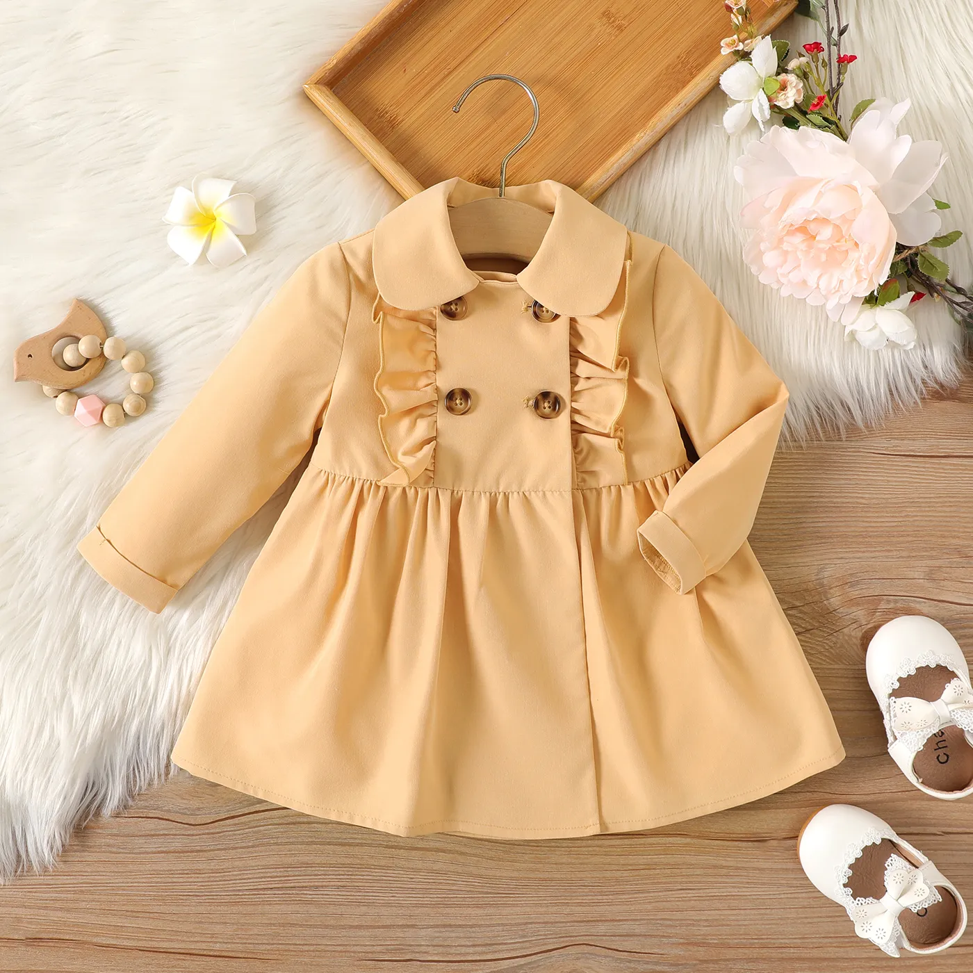 

Baby Girl Khaki Ruffle Trim Double Breasted Long-sleeve Trench Coat