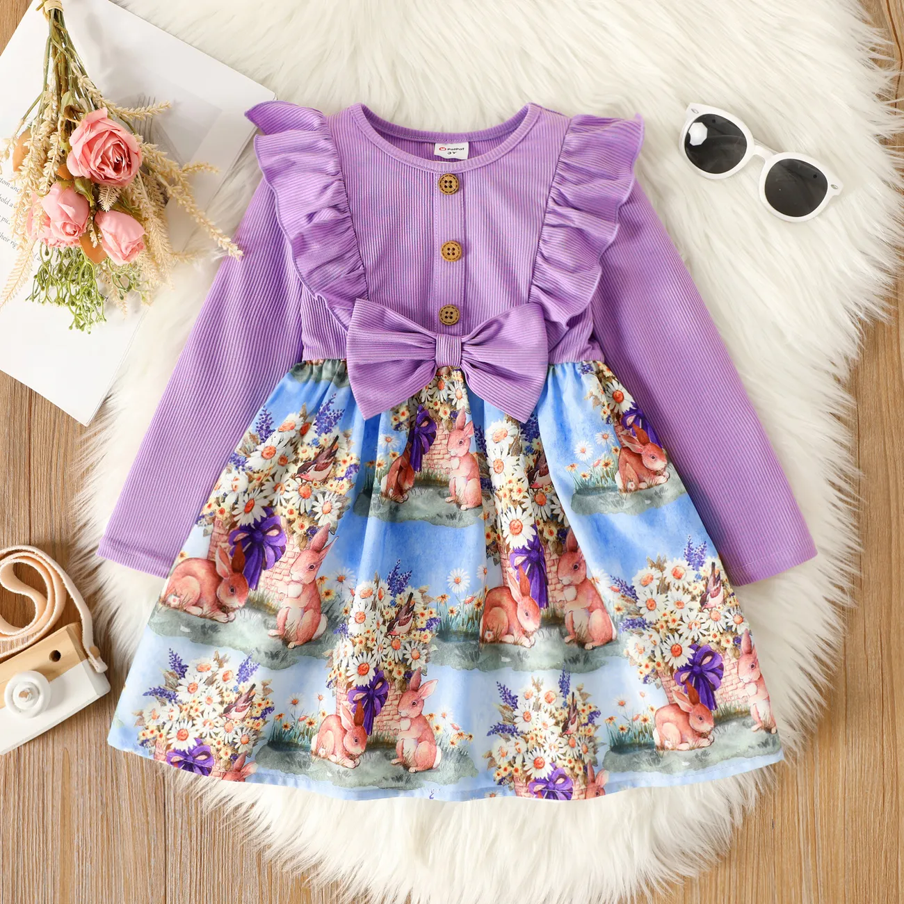 Toddler Girl Floral Print Splice Ruffled Bowknot Design Long-sleeve Dress Purple big image 1