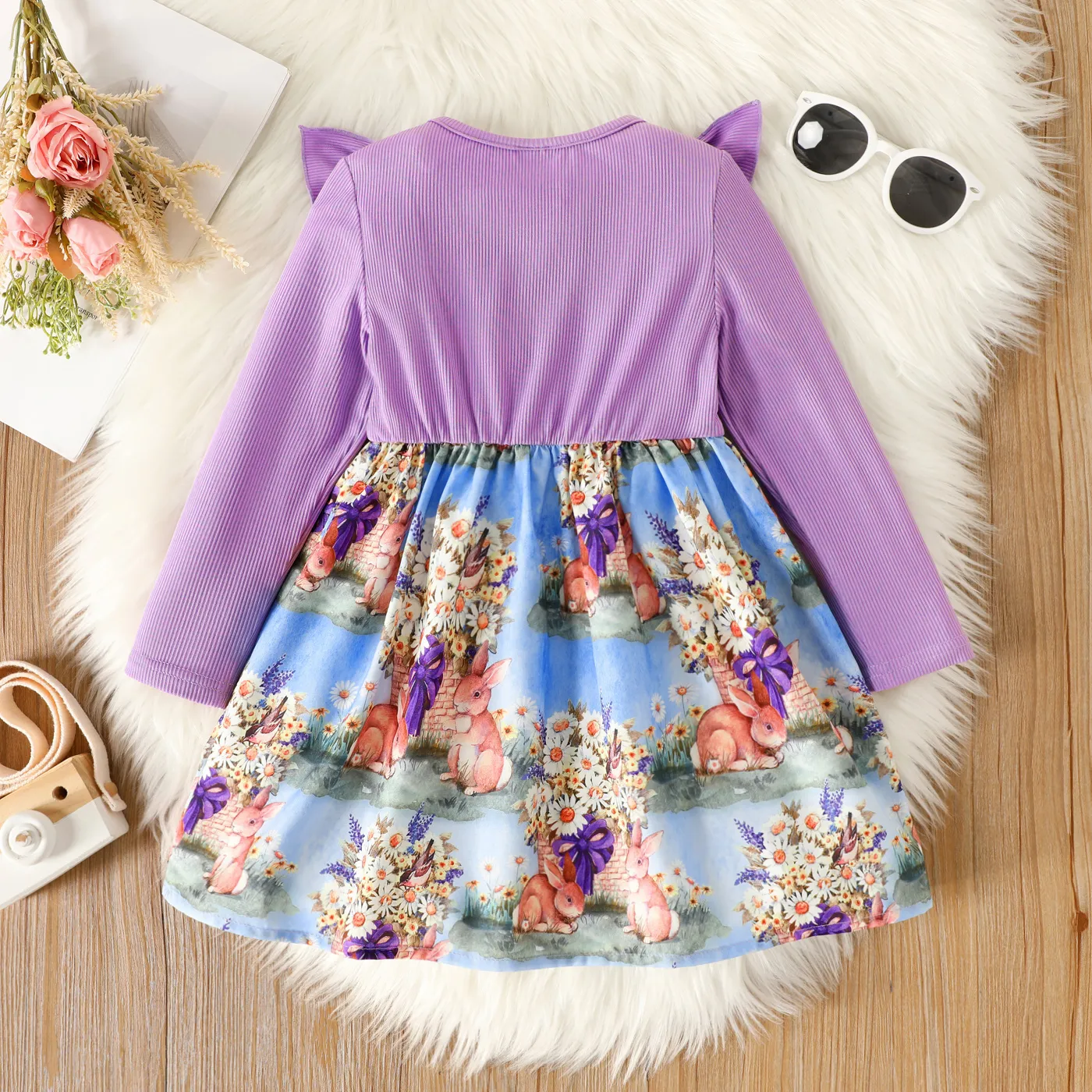 Toddler Girl Floral Print Splice Ruffled Bowknot Design Long-sleeve Dress Purple image 2