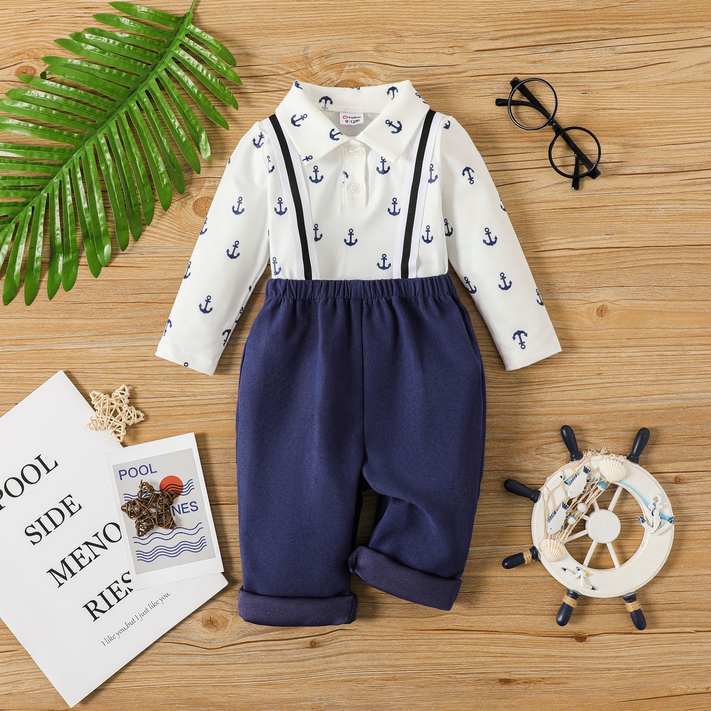 

2pcs Baby Boy Allover Anchor Print Long-sleeve Polo Shirt and Suspender Pants Set