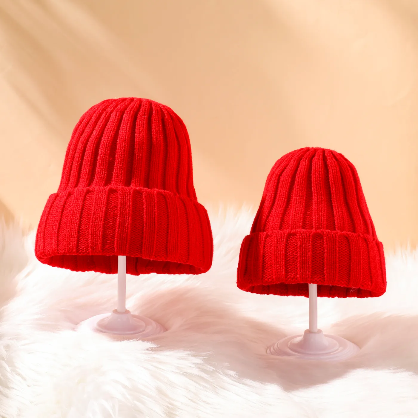 Red Ribbed Cuffed Beanie Hat for Mom and Me