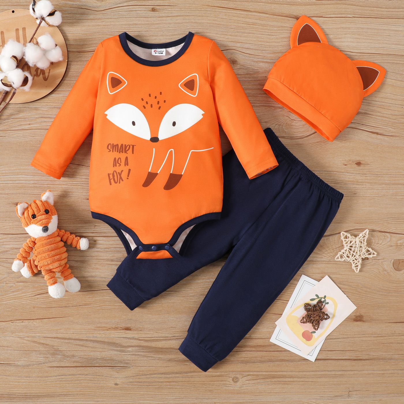 

3pcs Baby Boy/Girl Fox Print Long-sleeve Romper and Solid Pants with Hat Set