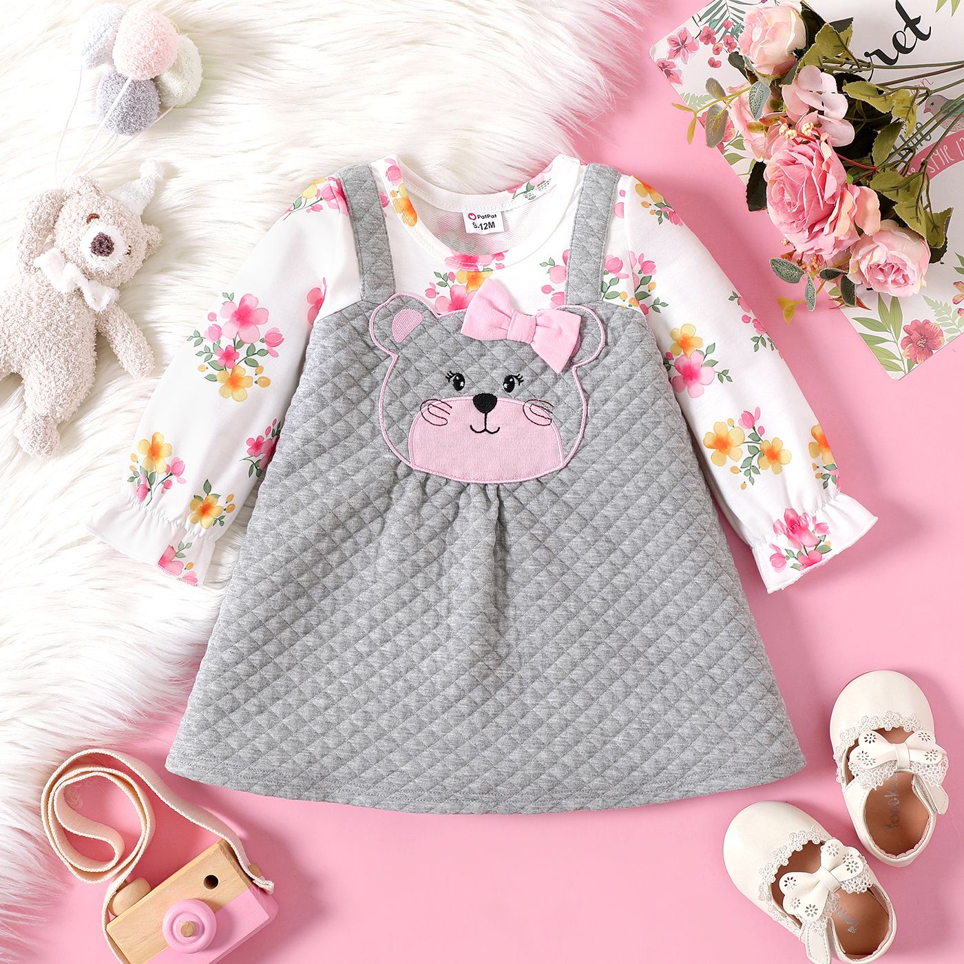 

Baby Girl Floral Print Long-sleeve Faux-two Bear Embroidered Textured Dress