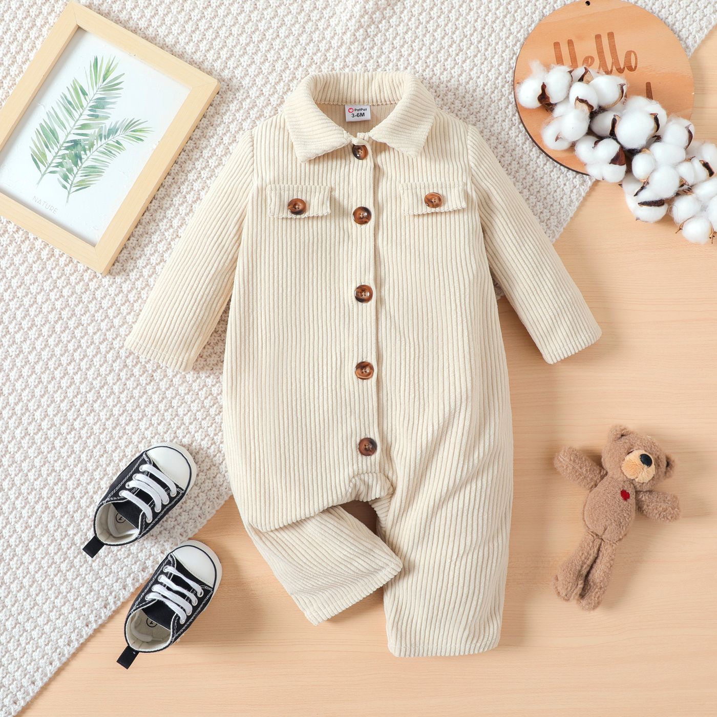 

Baby Boy Button Front Solid Corduroy Long-sleeve Jumpsuit