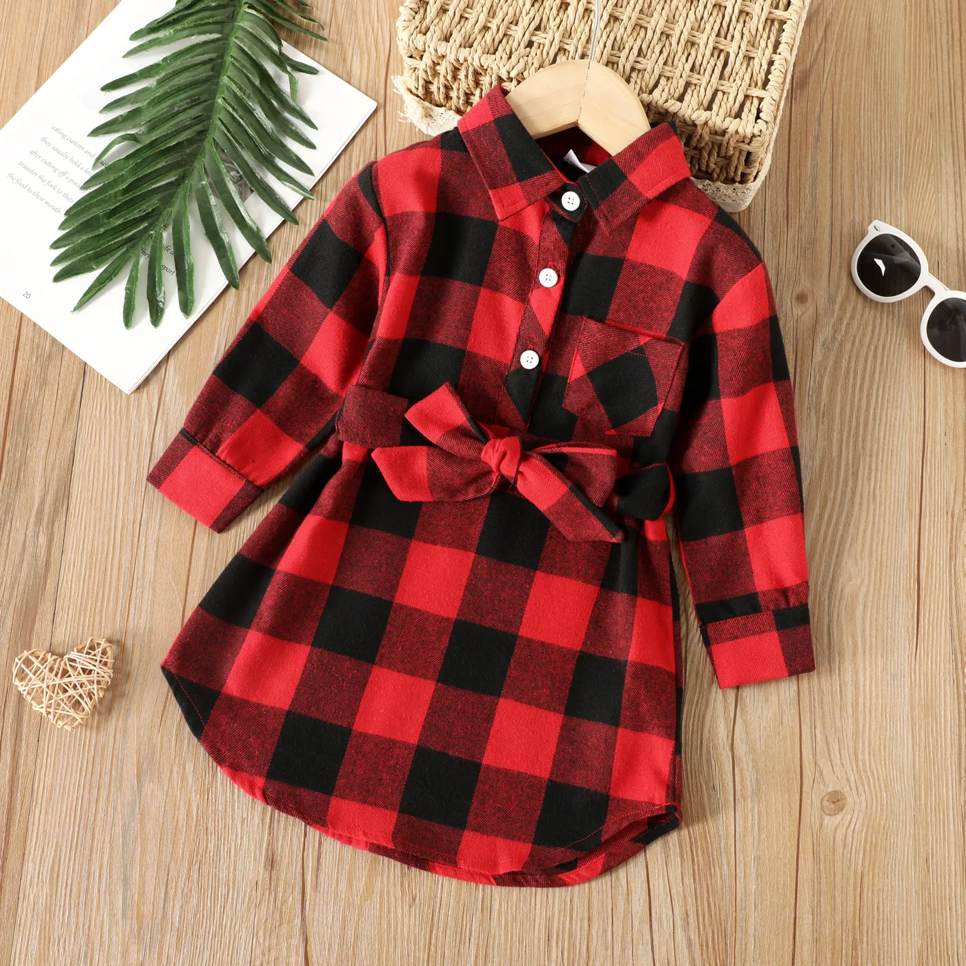 Toddler Girl Classic Plaid Lapel Collar Button Design Dress