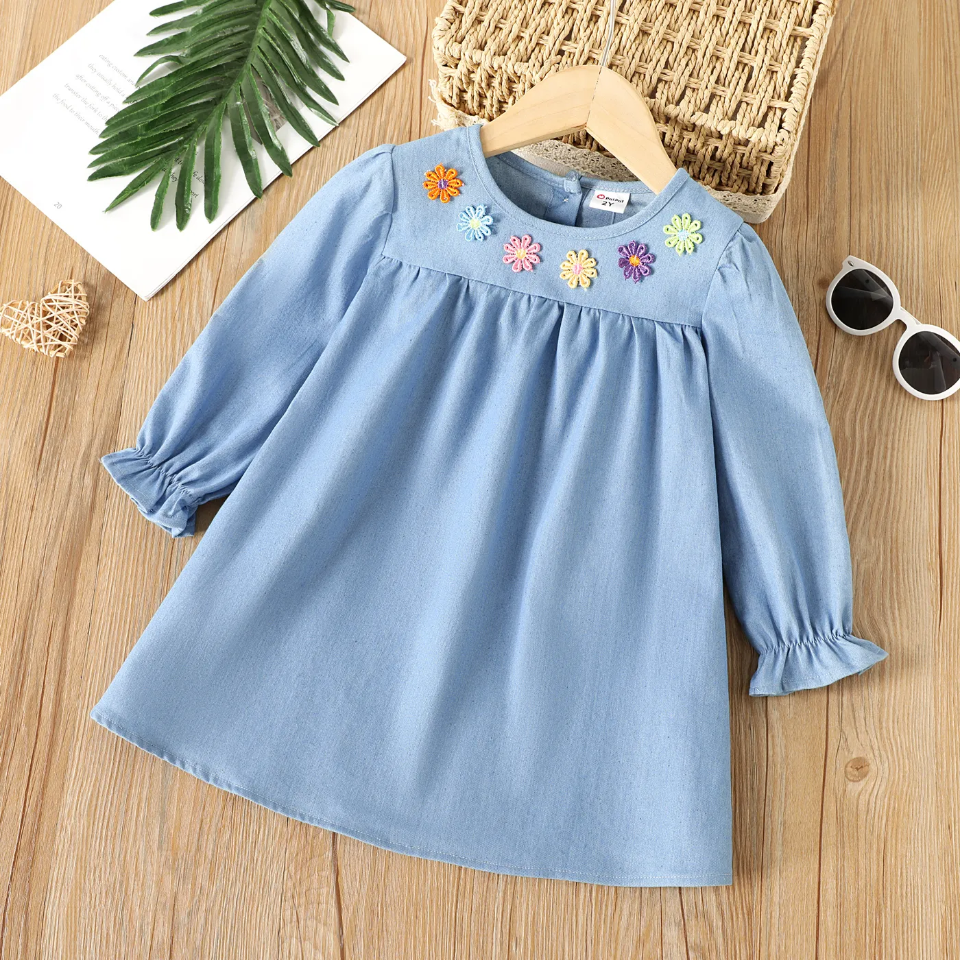 Toddler Girl Sweet Floral Embroidered Denim Long-sleeve Dress  image 1