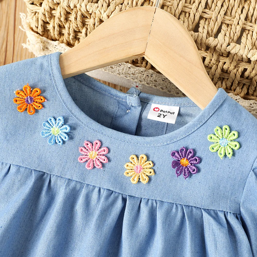 Toddler Girl Sweet Floral Embroidered Denim Long-sleeve Dress big image 3