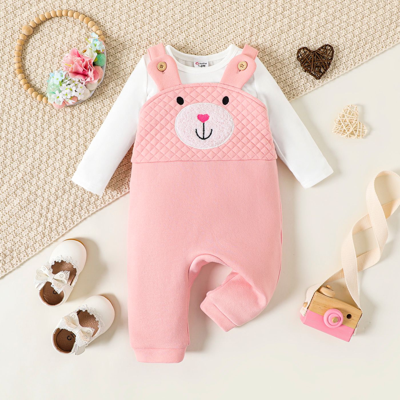 

2pcs Baby Girl Solid Long-sleeve Tee and Animal Embroidered Overalls Set