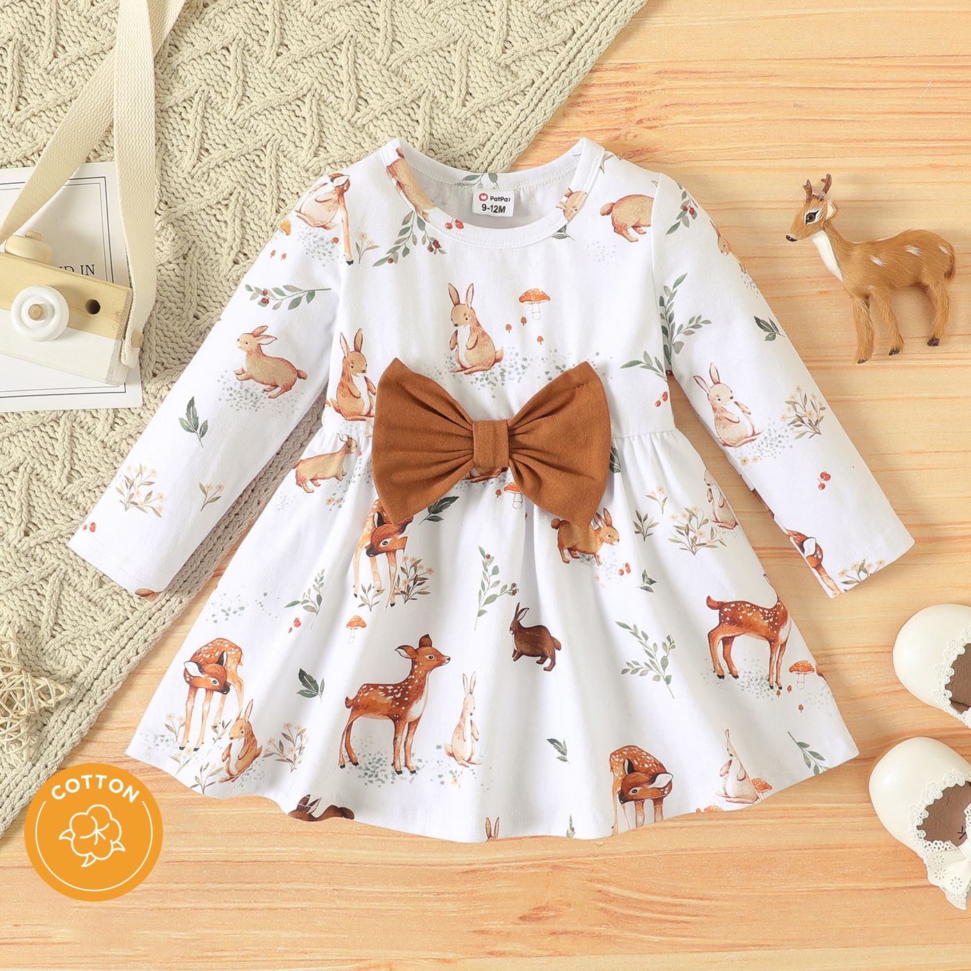 

Baby Girl 95% Cotton Long-sleeve Allover Animal Print Bow Front Dress