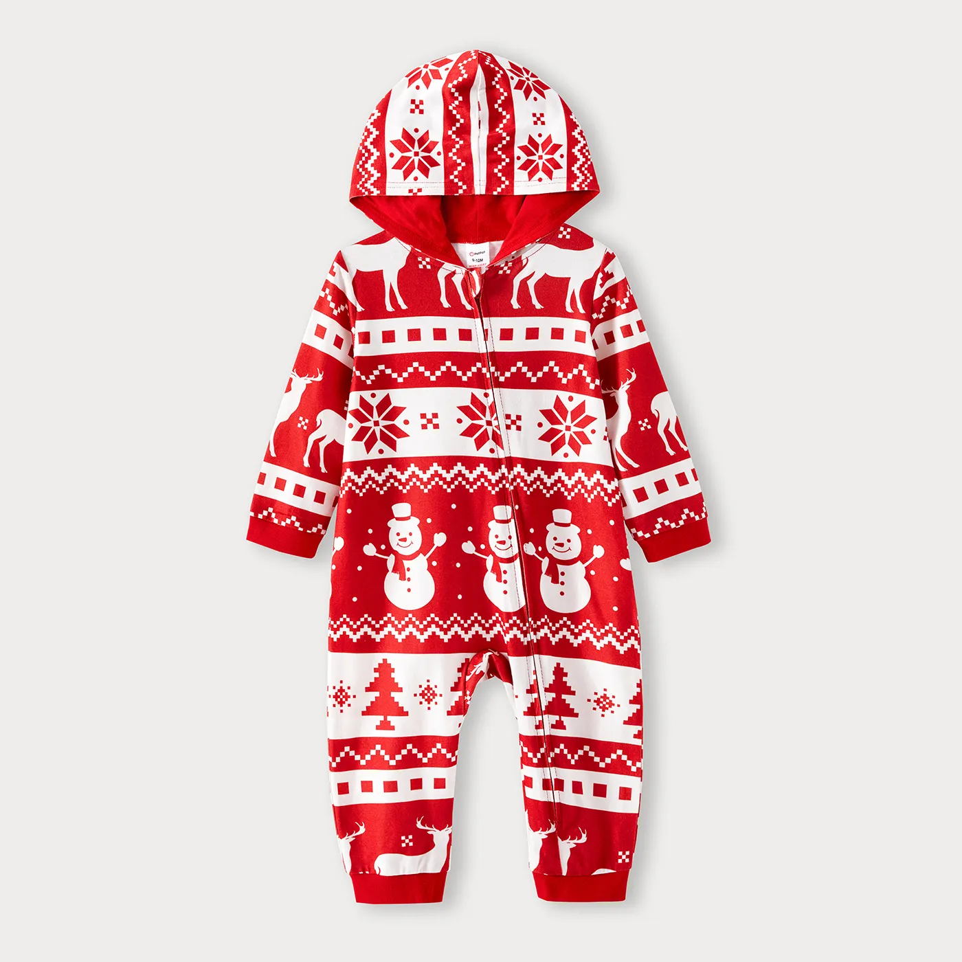 Christmas Family Matching Allover Red Print Long-sleeve Hooded Zipper Onesies Pajamas Sets (Flame Resistant) Red-2 big image 1