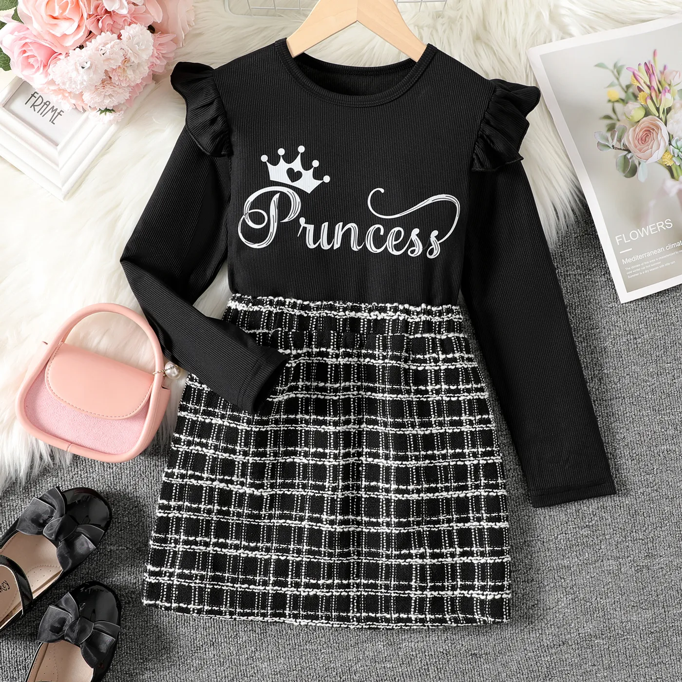 

2pcs Kid Girl Letter Print Ruffled Black Tee and Tweed Plaid Skirt Set