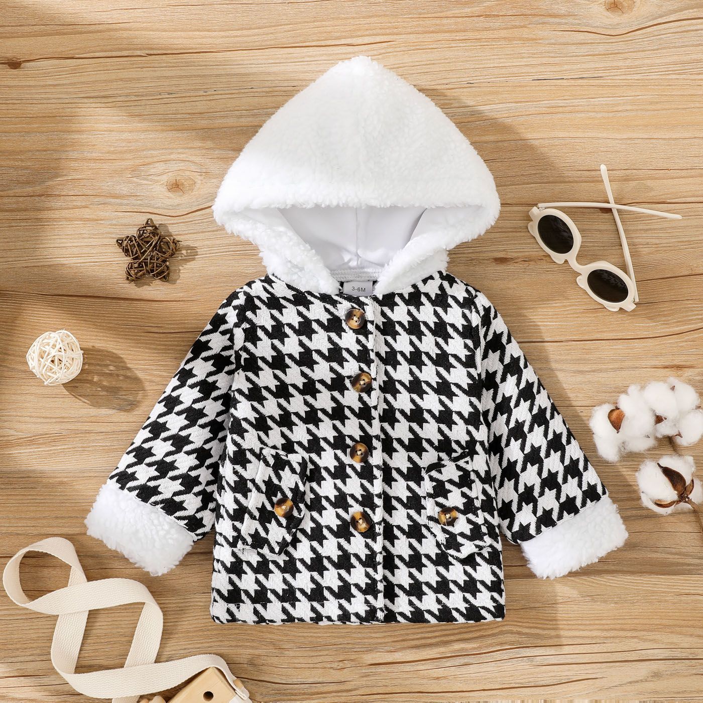 

Baby Boy/Girl Fleece Hooded Long-sleeve Houndstooth Coat