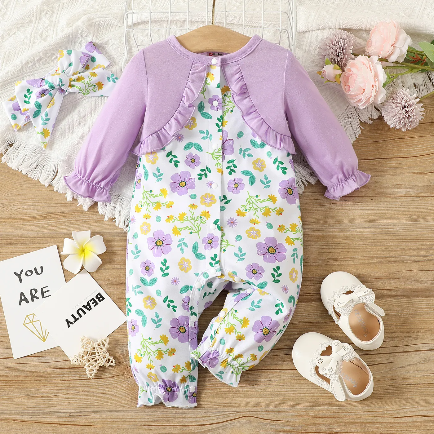 

2pcs Baby Girl Purple Long-sleeve Faux-two Floral Print Button Jumpsuit with Headband Set