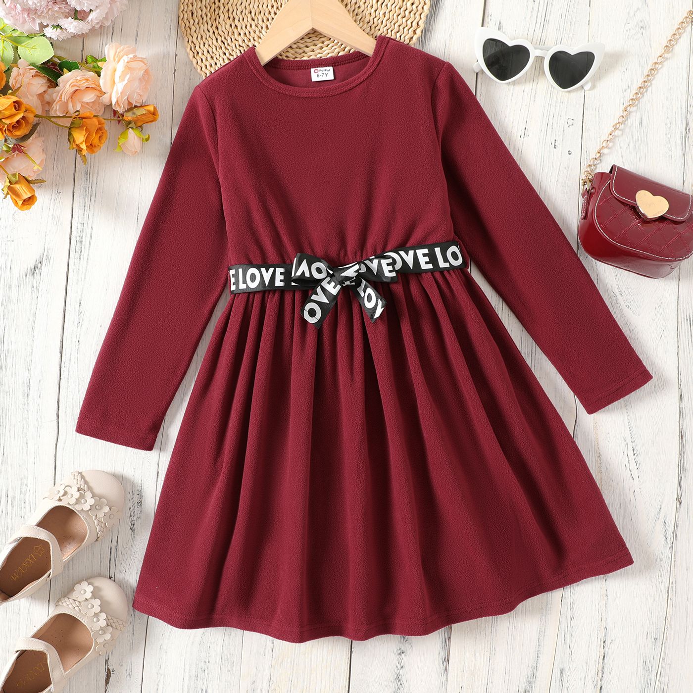 Kid Girl Solid Color Polar Fleece Belted Long-sleeve Dress