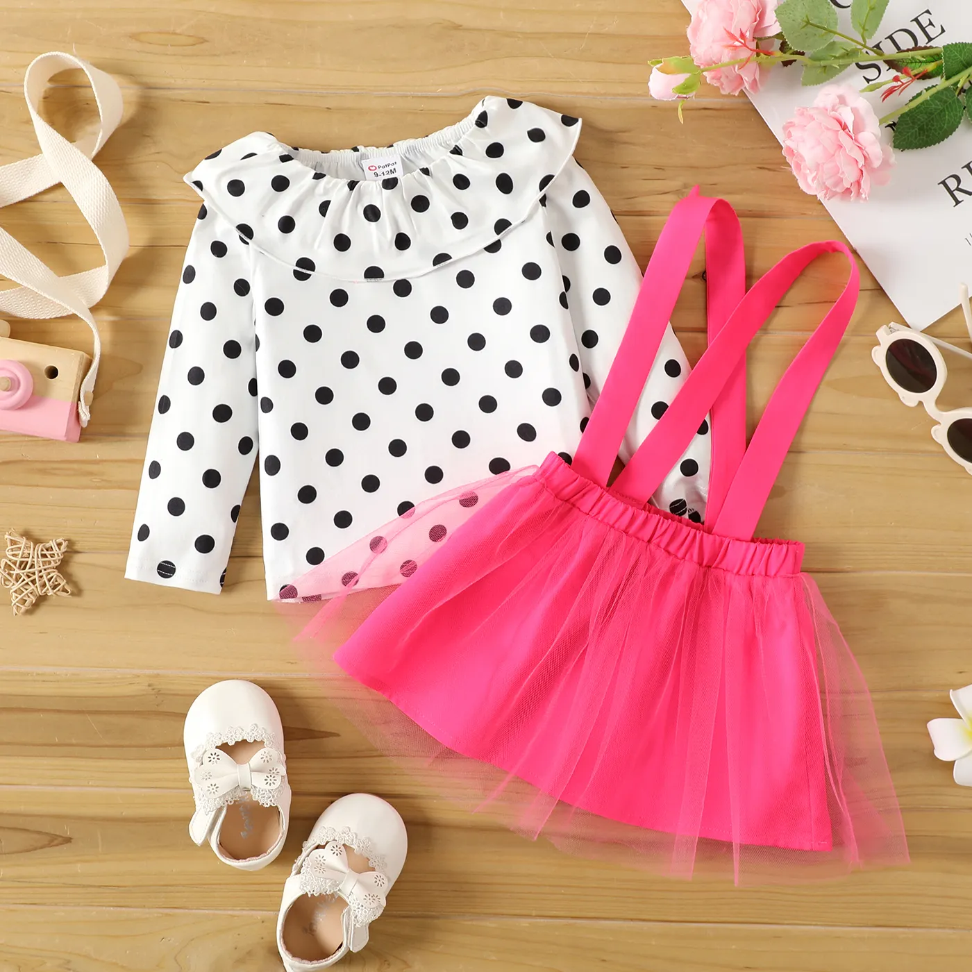 

2pcs Baby Girl Polka Dot Print Ruffle Collar Long-sleeve Top and Mesh Suspender Skirt Set