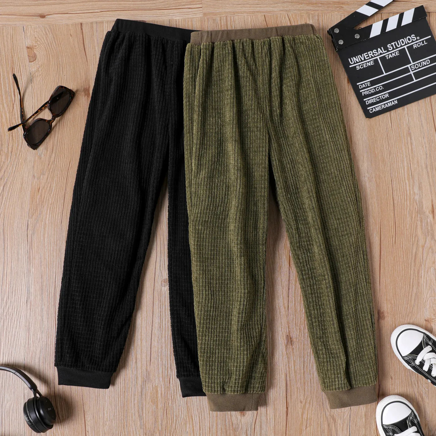 Kid Boy Solid Color Elasticized Textured Pants Black image 2