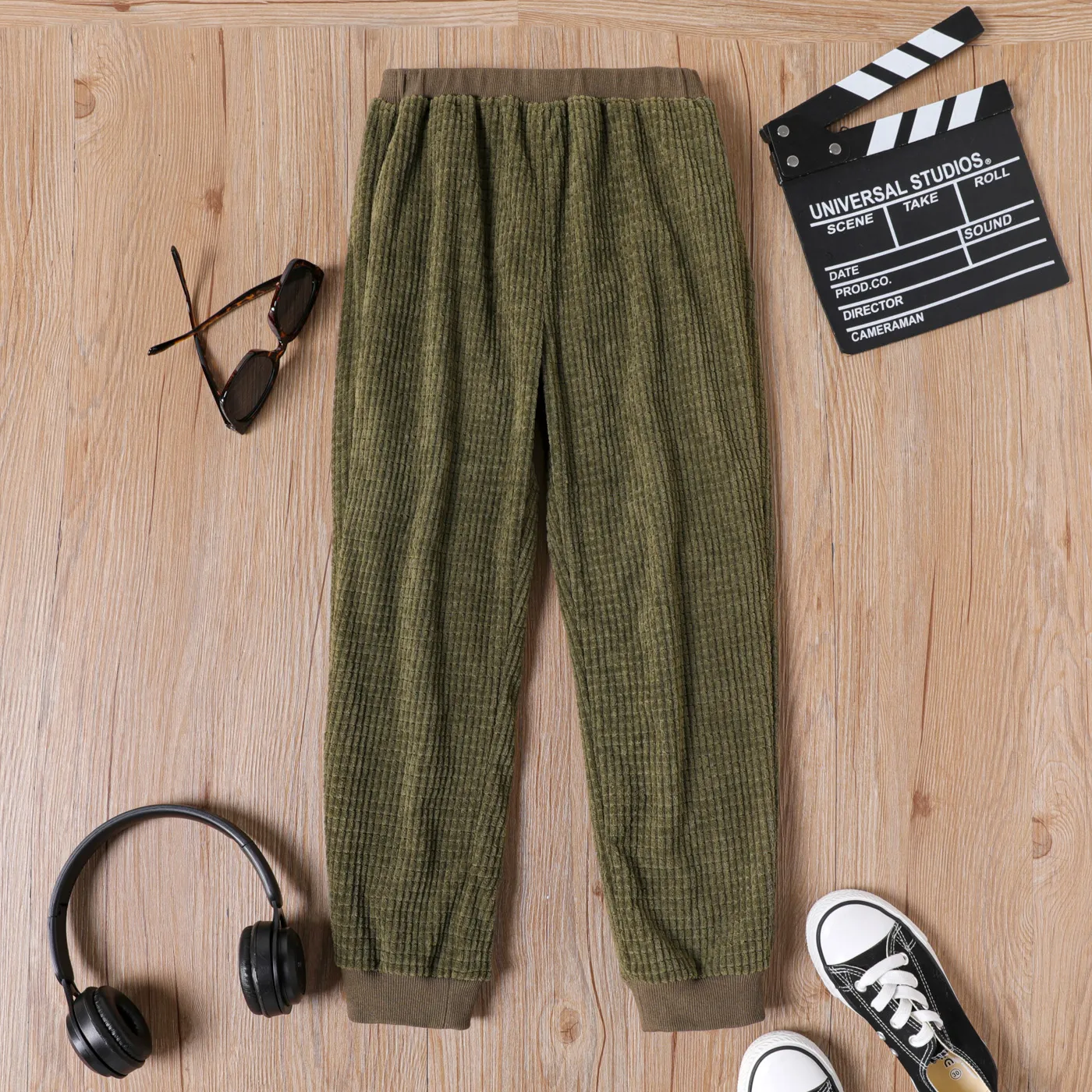 Kid Boy Solid Color Elasticized Textured Pants Army green