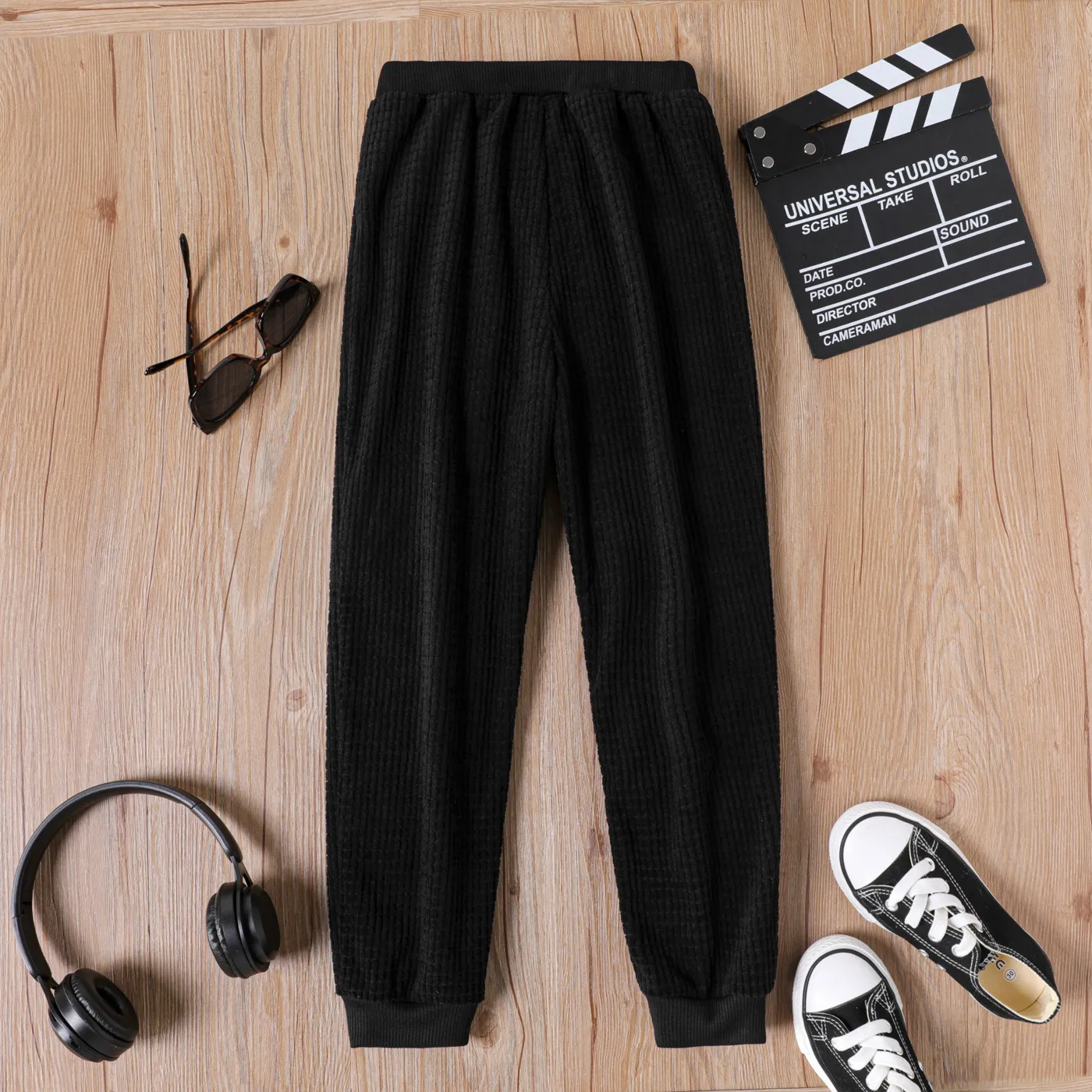 Kid Boy Solid Color Elasticized Textured Pants Black image 5