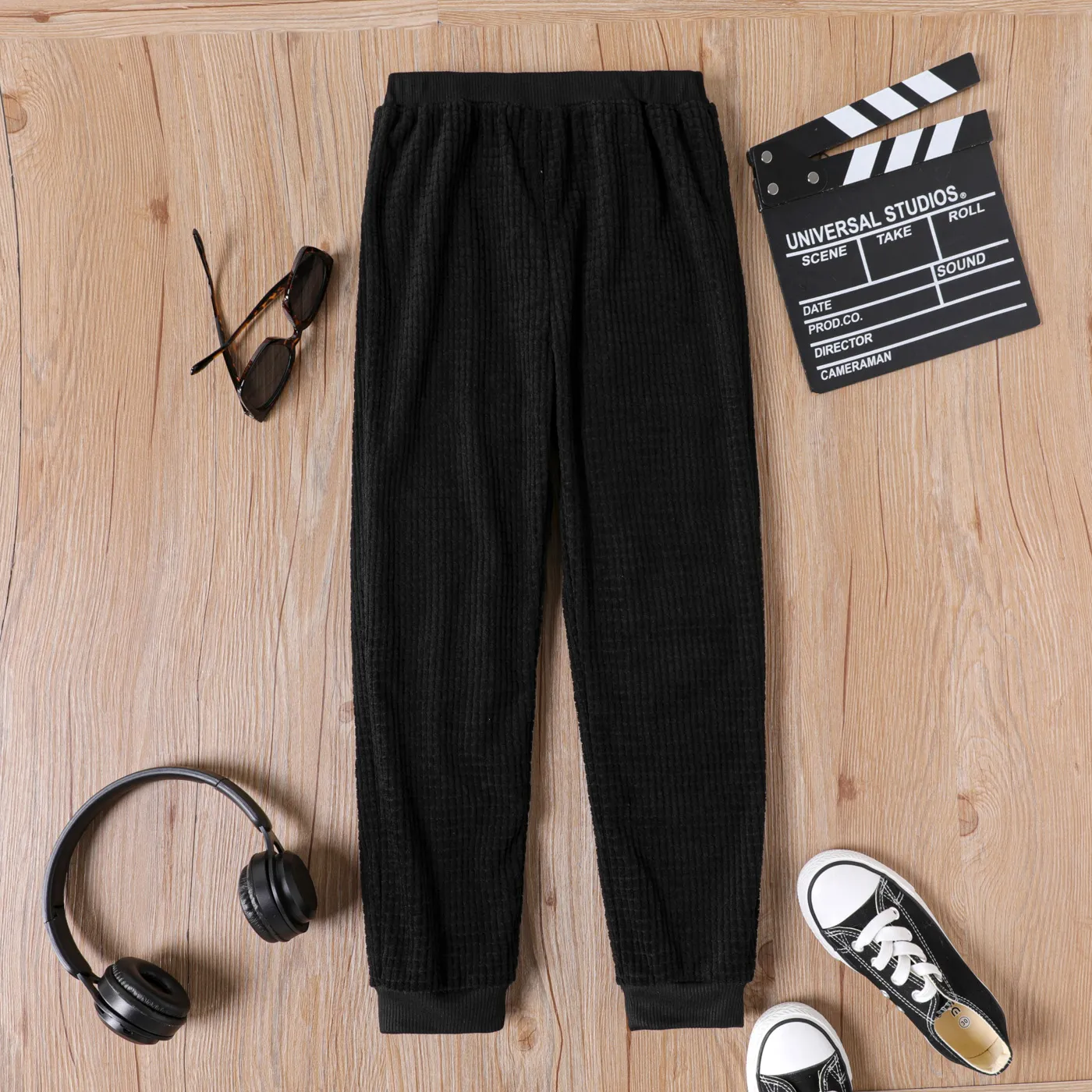 Kid Boy Solid Color Elasticized Textured Pants Black big image 1