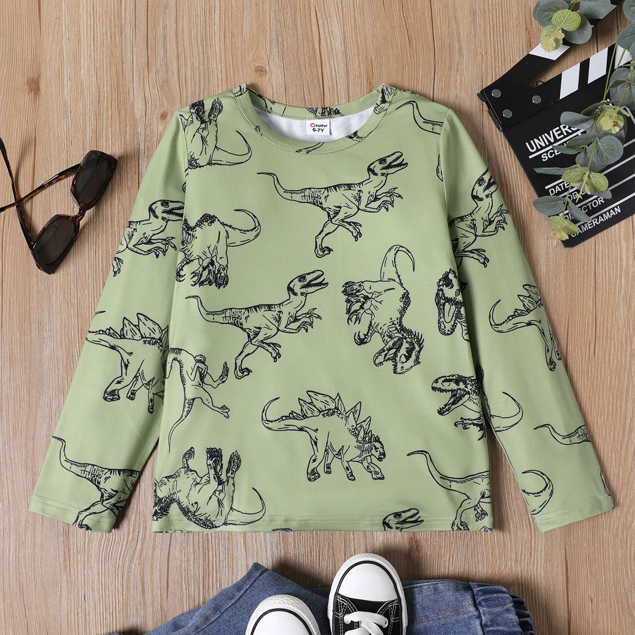 Criança Menino Estampado animal Manga comprida T-shirts luz verde big image 1
