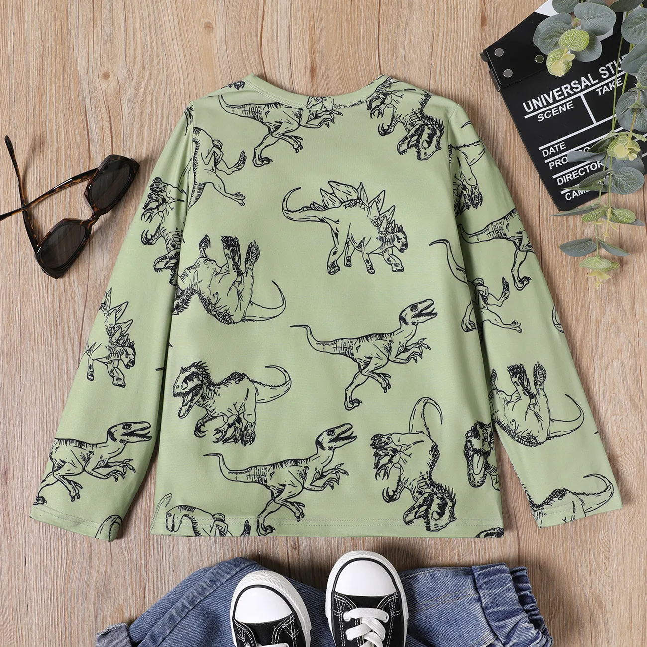 Kid Boy Dinosaur Print Long-sleeve Tee lightgreen big image 1