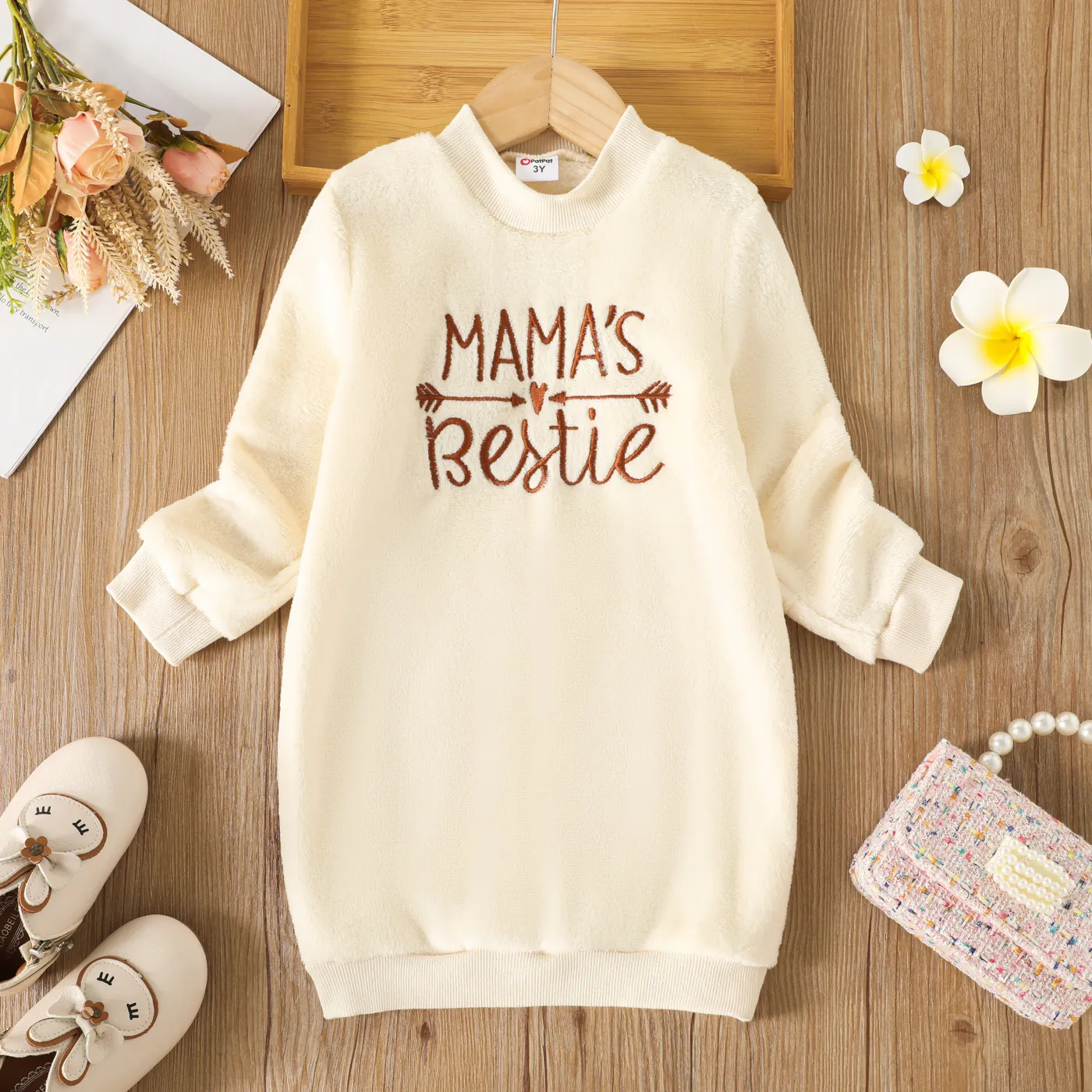 Toddler Girl Letter Embroidered Fleece Mock Neck Long-sleeve Pink Sweatshirt Dress Beige