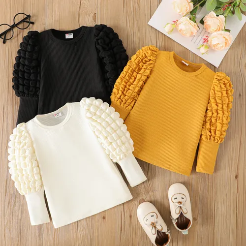 Toddler Girl Textured Ribbed Long Puff-sleeve Solid Color Tee
