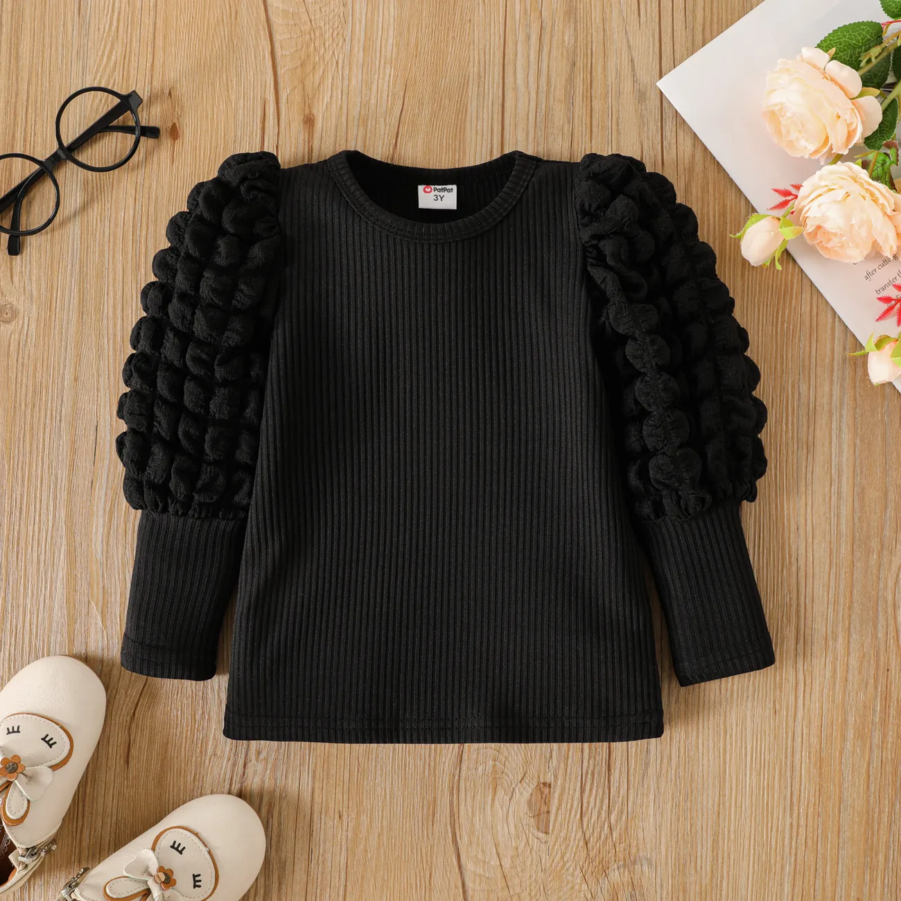 Toddler Girl Textured Ribbed Long Puff-sleeve Solid Color Tee
