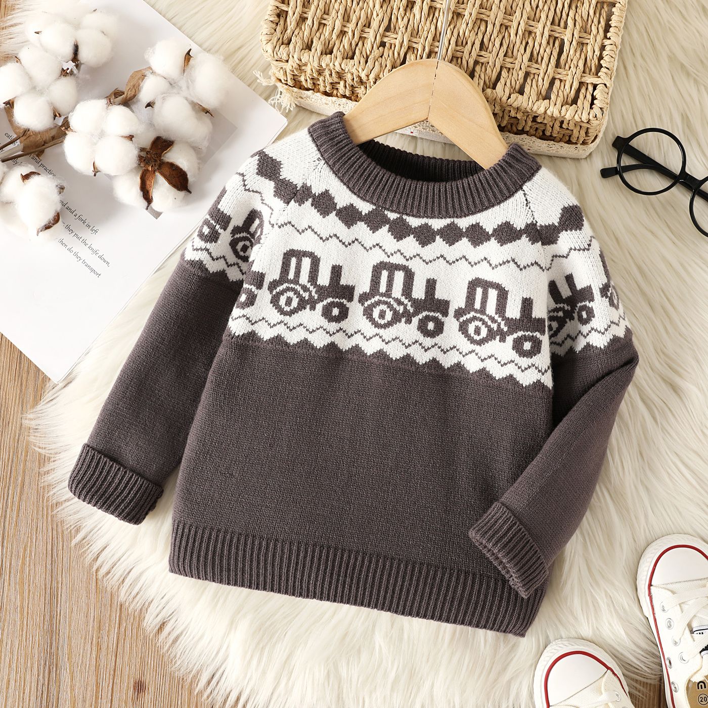 

Toddler Boy Playful Vehicle Pattern Colorblock Sweater