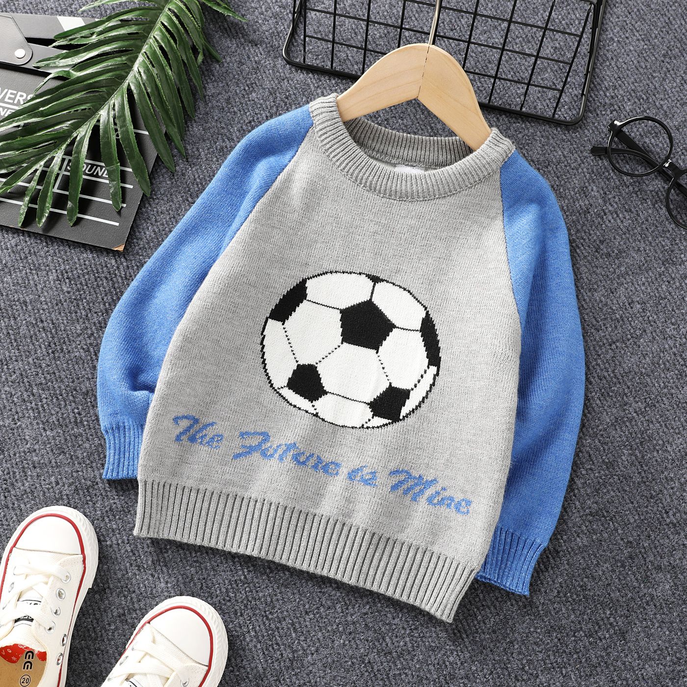 

Soccer Cup Toddler Boy Trendy Soccer Pattern Colorblock Raglan Sleeve Sweater