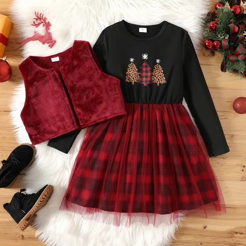 2pcs Kid Girl Christmas Plaid Mesh Splice Long-sleeve Dress and Fuzzy Fleece Vest Set