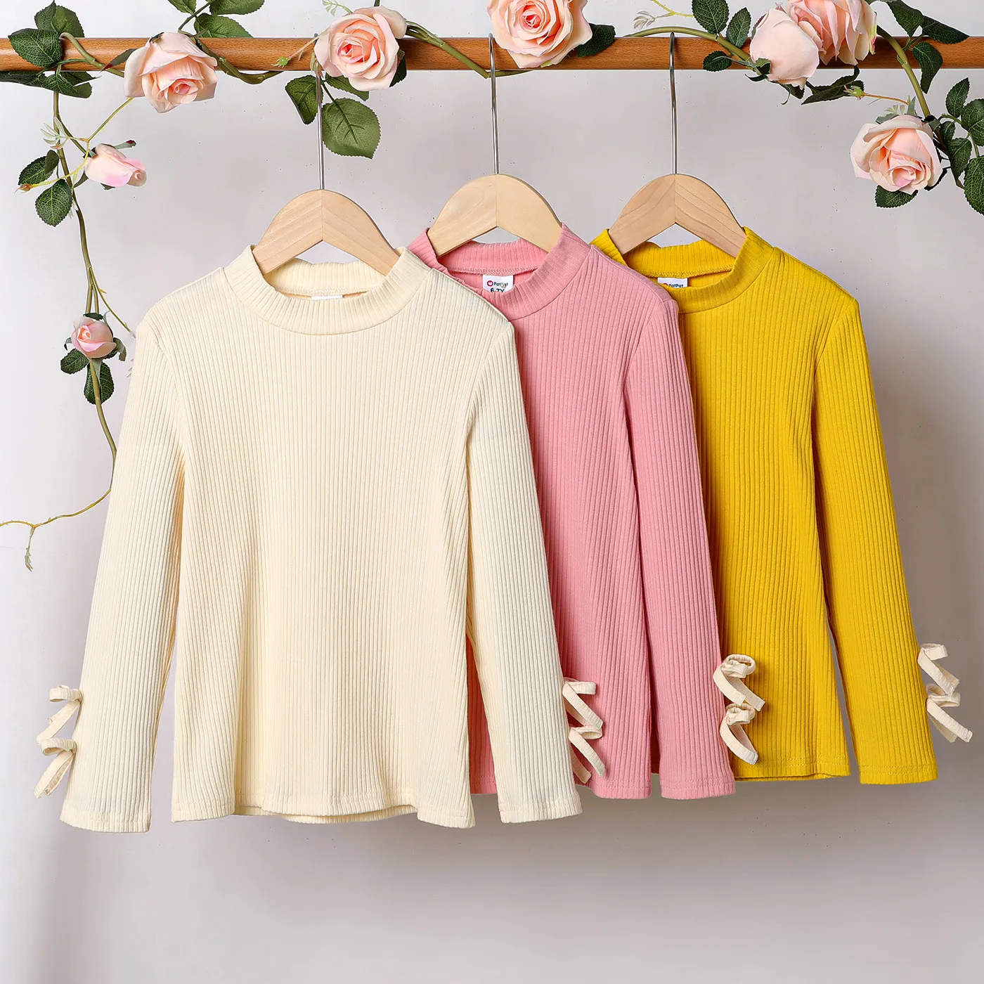 Kid Girl 3D Bowknot Design Mock Neck Solid Color Cotton Long-sleeve Tee