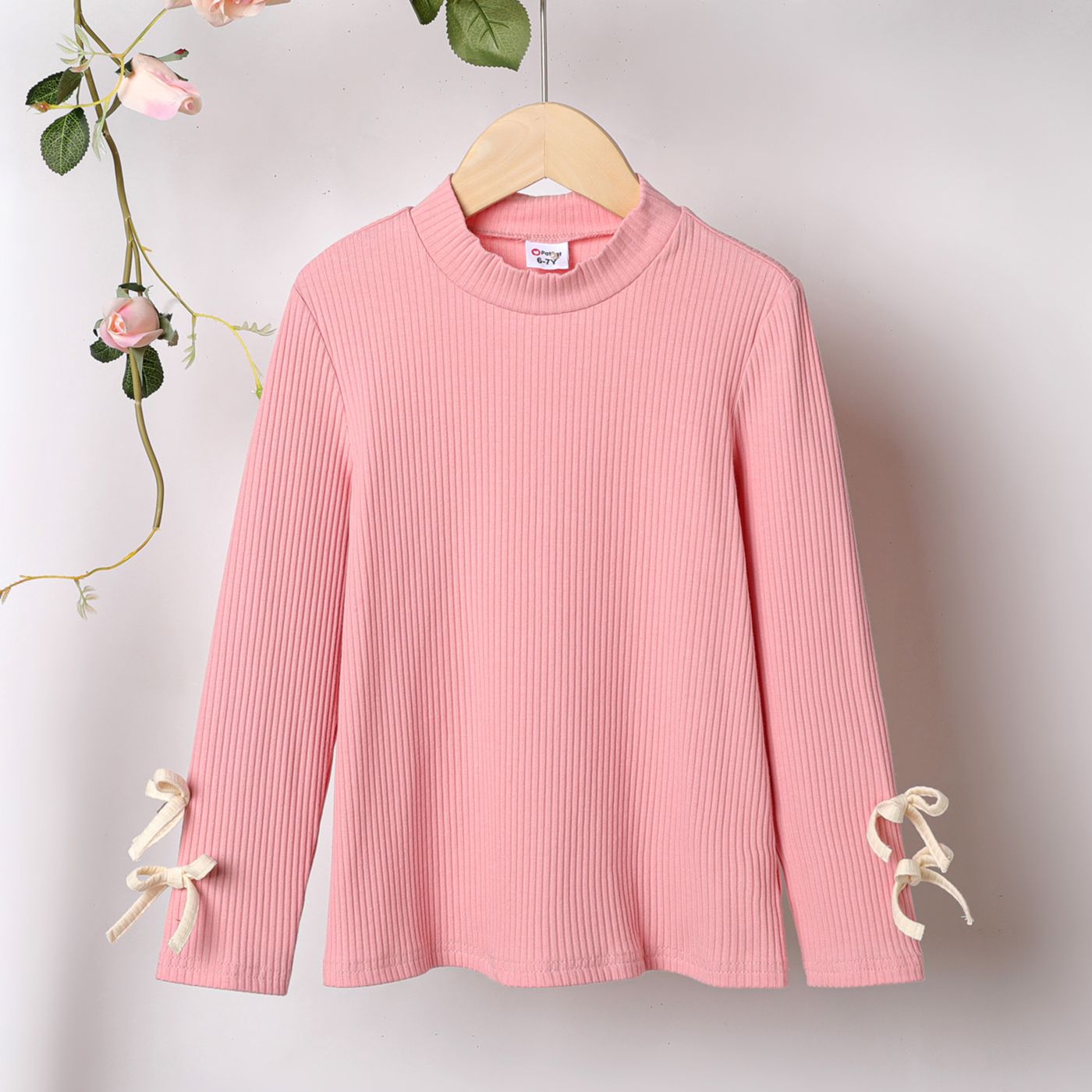 Kid Girl 3D Bowknot Design Mock Neck Solid Color Cotton Long-sleeve Tee