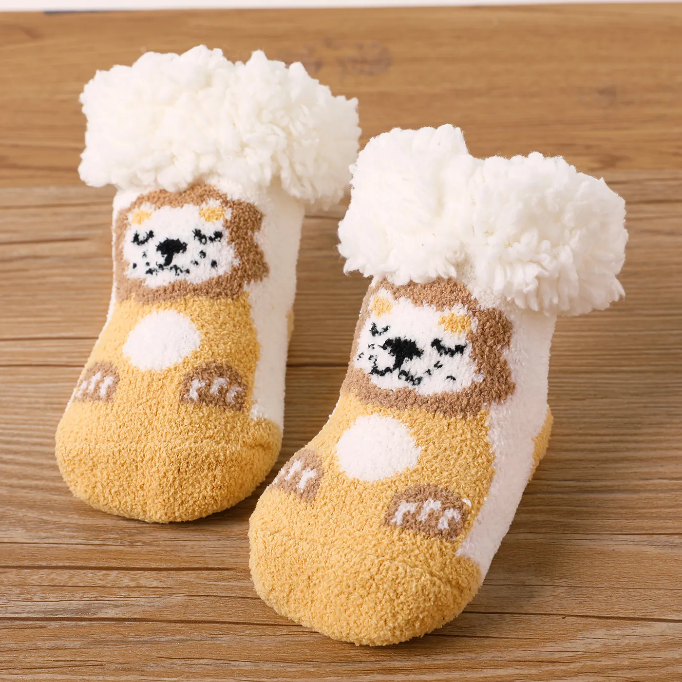 Baby / Toddler Fluffy Trim Cartoon Non-slip Socks Pale Yellow image 3
