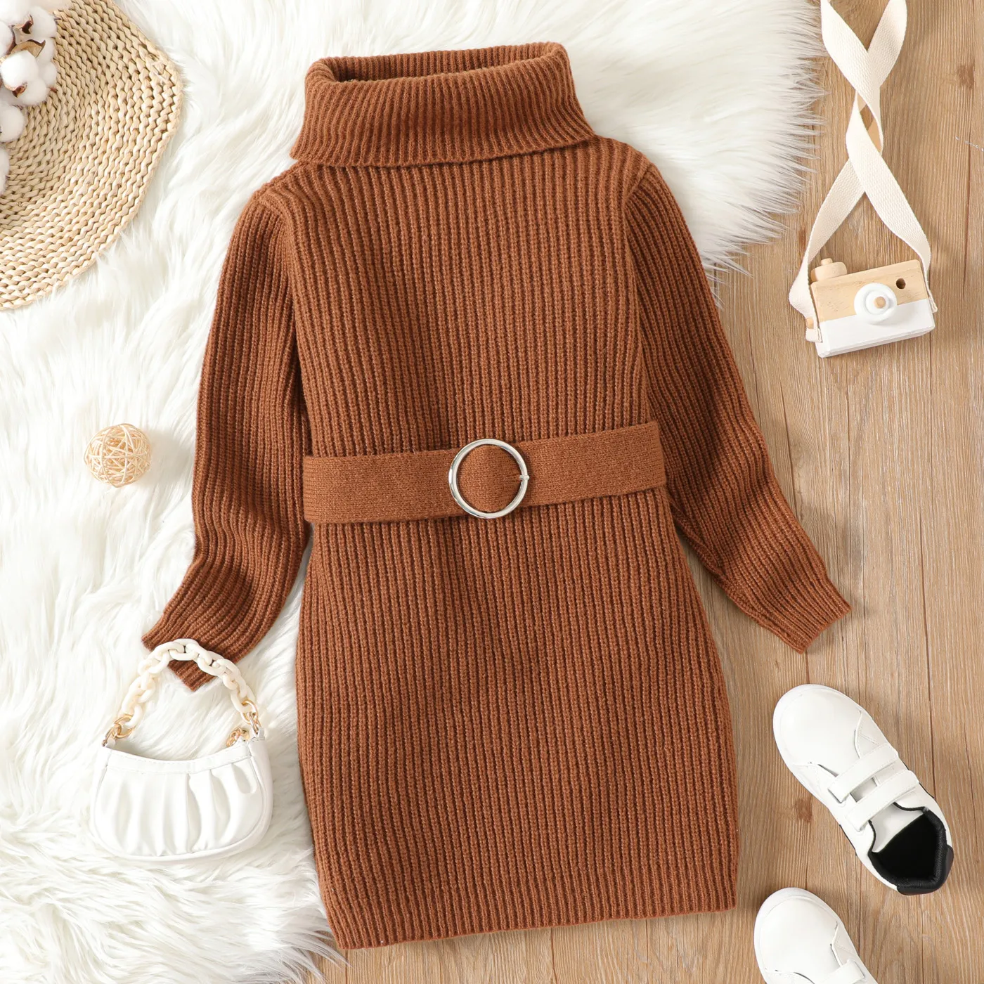 Kid Girl Solid Color Turtleneck Belted Longline Thick Knit Sweater Brown big image 1