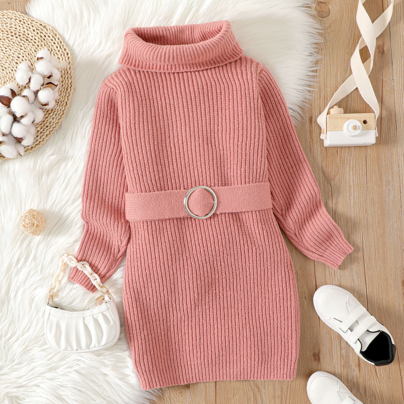 

Kid Girl Solid Color Super warm Turtleneck Belted Longline Knit Sweater