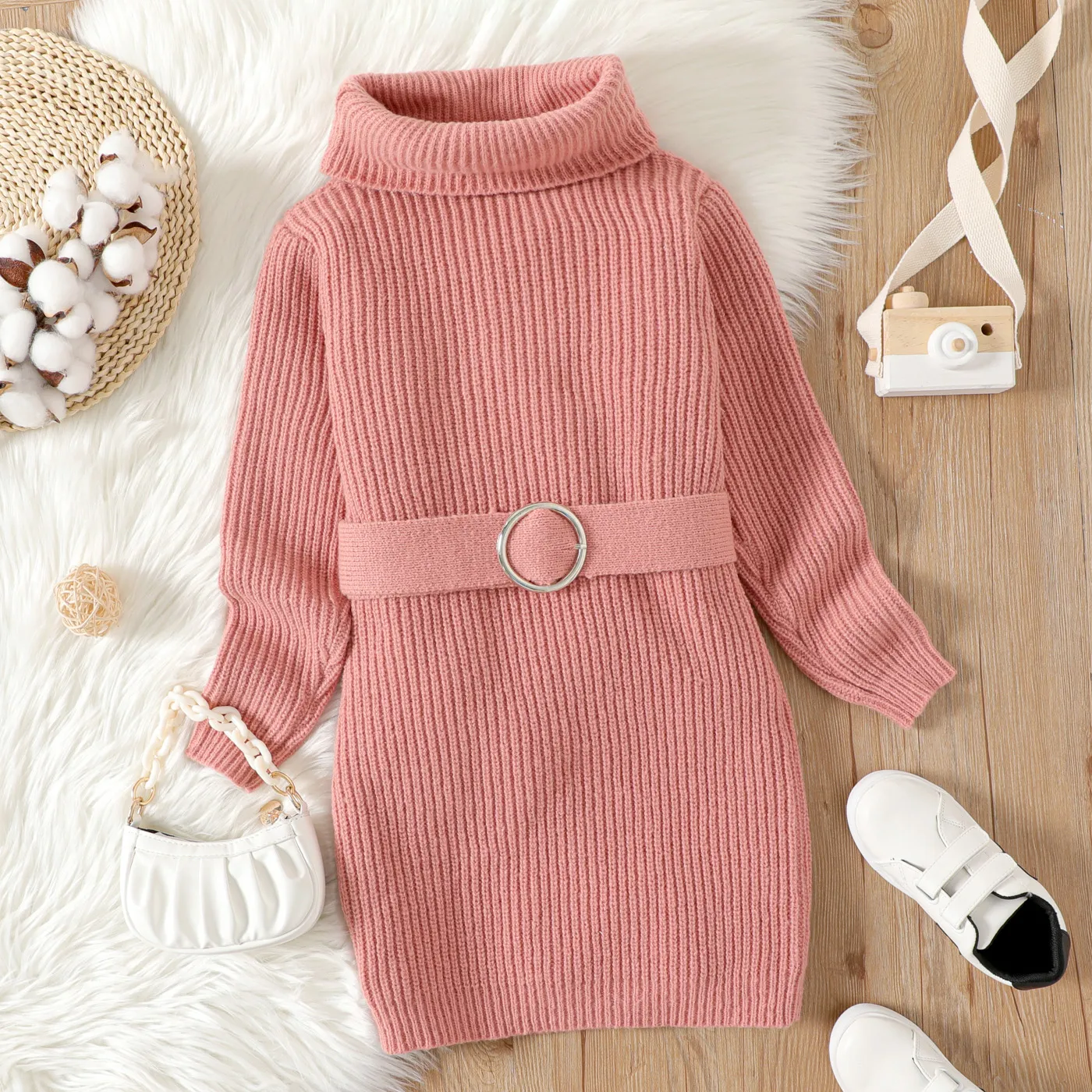 Kid Girl Solid Color Turtleneck Belted Longline Thick Knit Sweater Pink