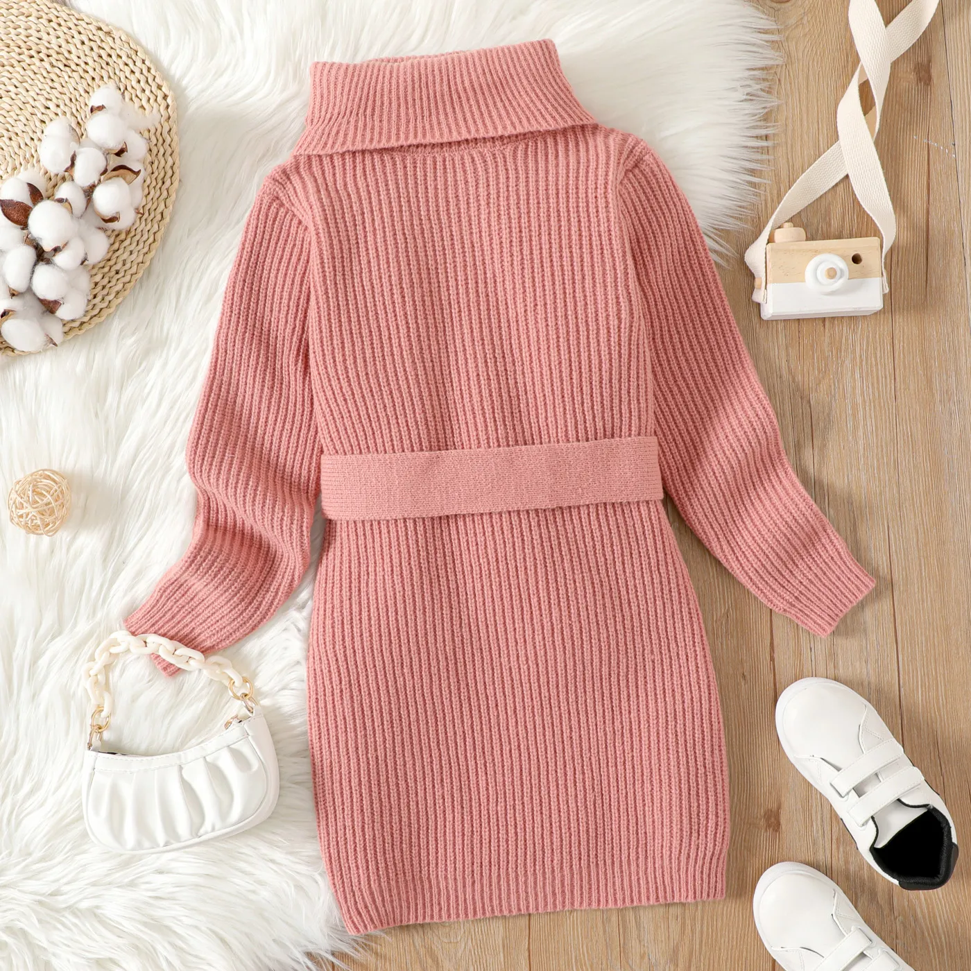 Kid Girl Solid Color Super warm Turtleneck Belted Longline Knit Sweater  image 2